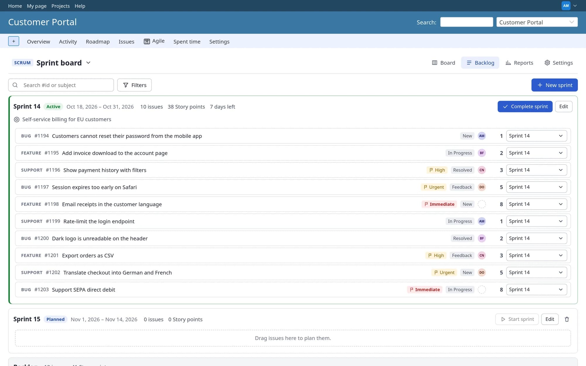 Plugin Redmine Agile / Kanban Board: Obrazovka backlogu s aktivním sprintem, plánovaným sprintem a seřazeným produktovým backlogem.