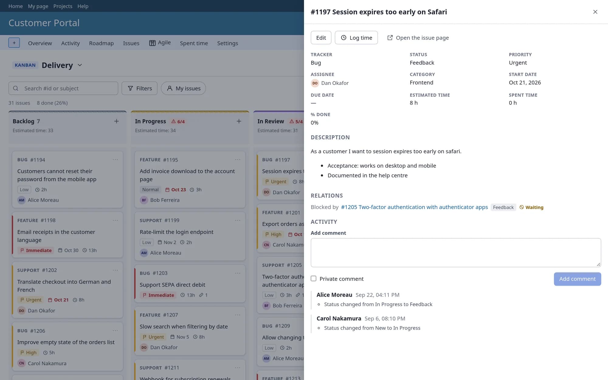 Plugin Redmine Agile / Kanban Board: Panel podrobností úkolu otevřený vedle nástěnky s poli, popisem a polem pro komentář.