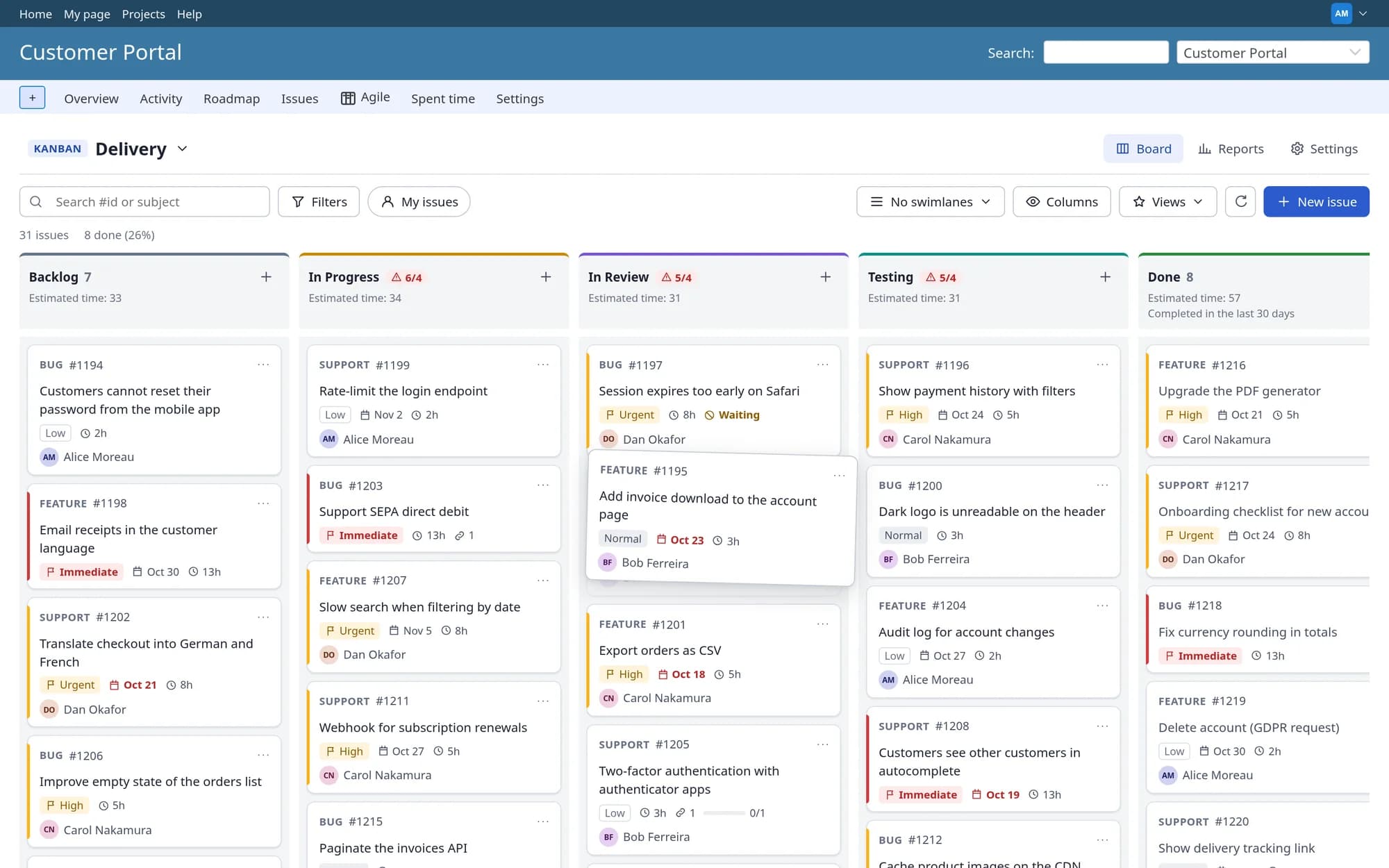 Plugin Redmine Agile / Kanban Board: Karta přetahovaná ze sloupce In Progress do In Review.