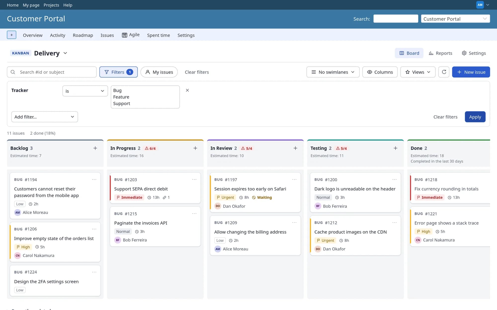 Plugin Redmine Agile / Kanban Board: Panel filtrů nástěnky s použitým filtrem fronty.