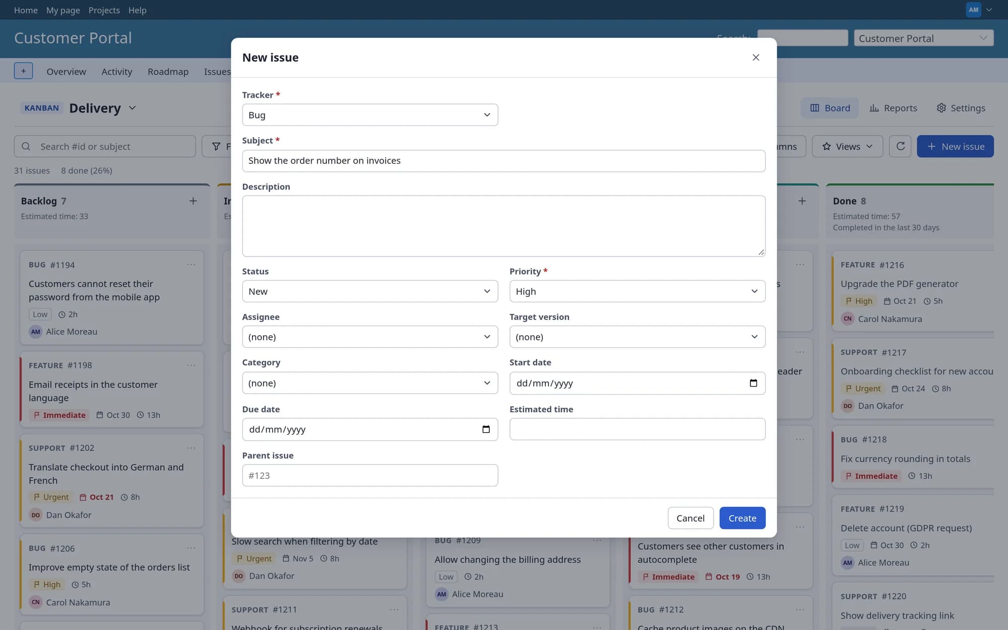 Plugin Redmine Agile / Kanban Board: Dialog rychlého založení úkolu otevřený ze sloupce nástěnky.