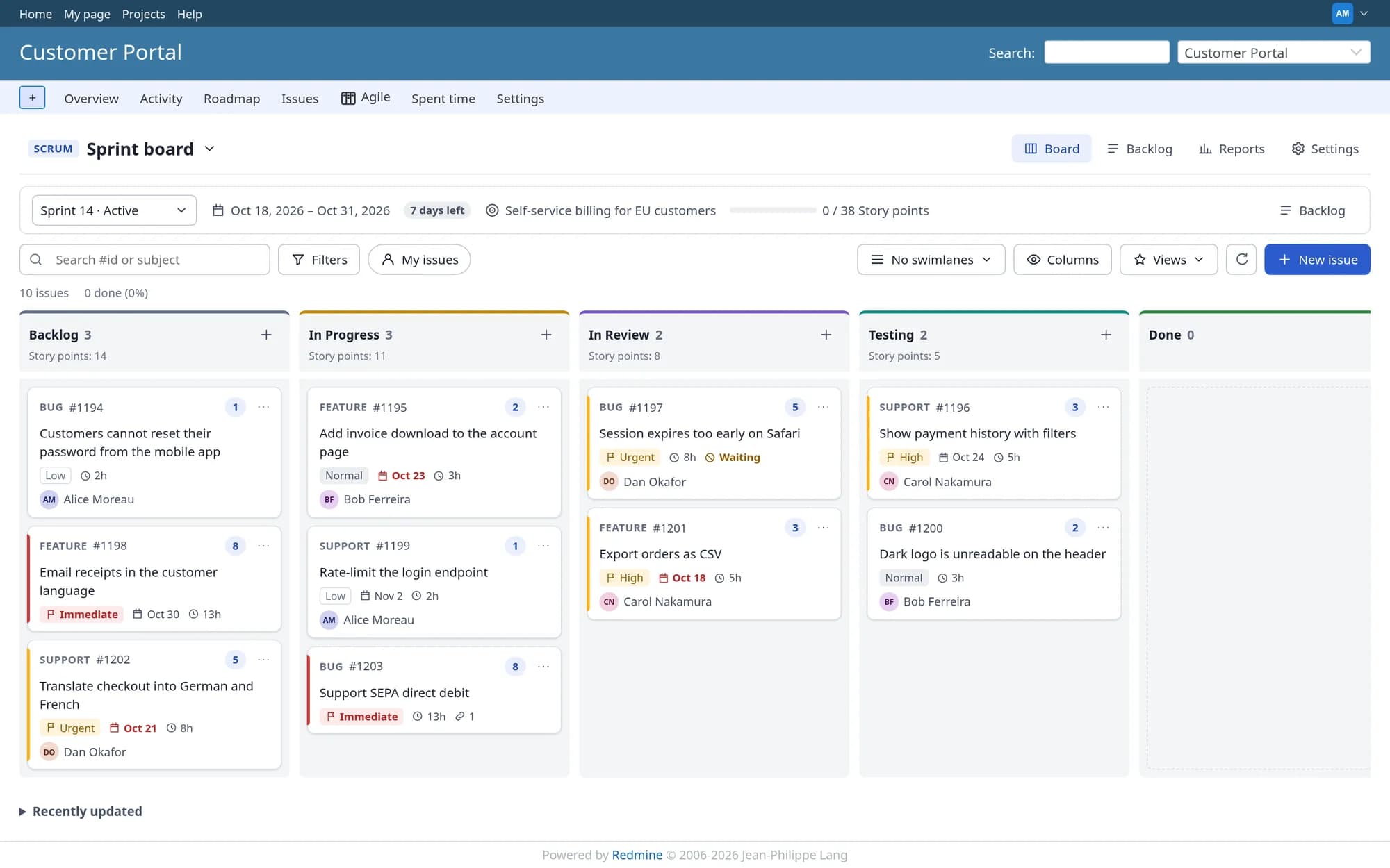 Plugin Redmine Agile / Kanban Board: Nástěnka sprintu s lištou sprintu, která ukazuje data, zbývající dny, cíl sprintu a postup.