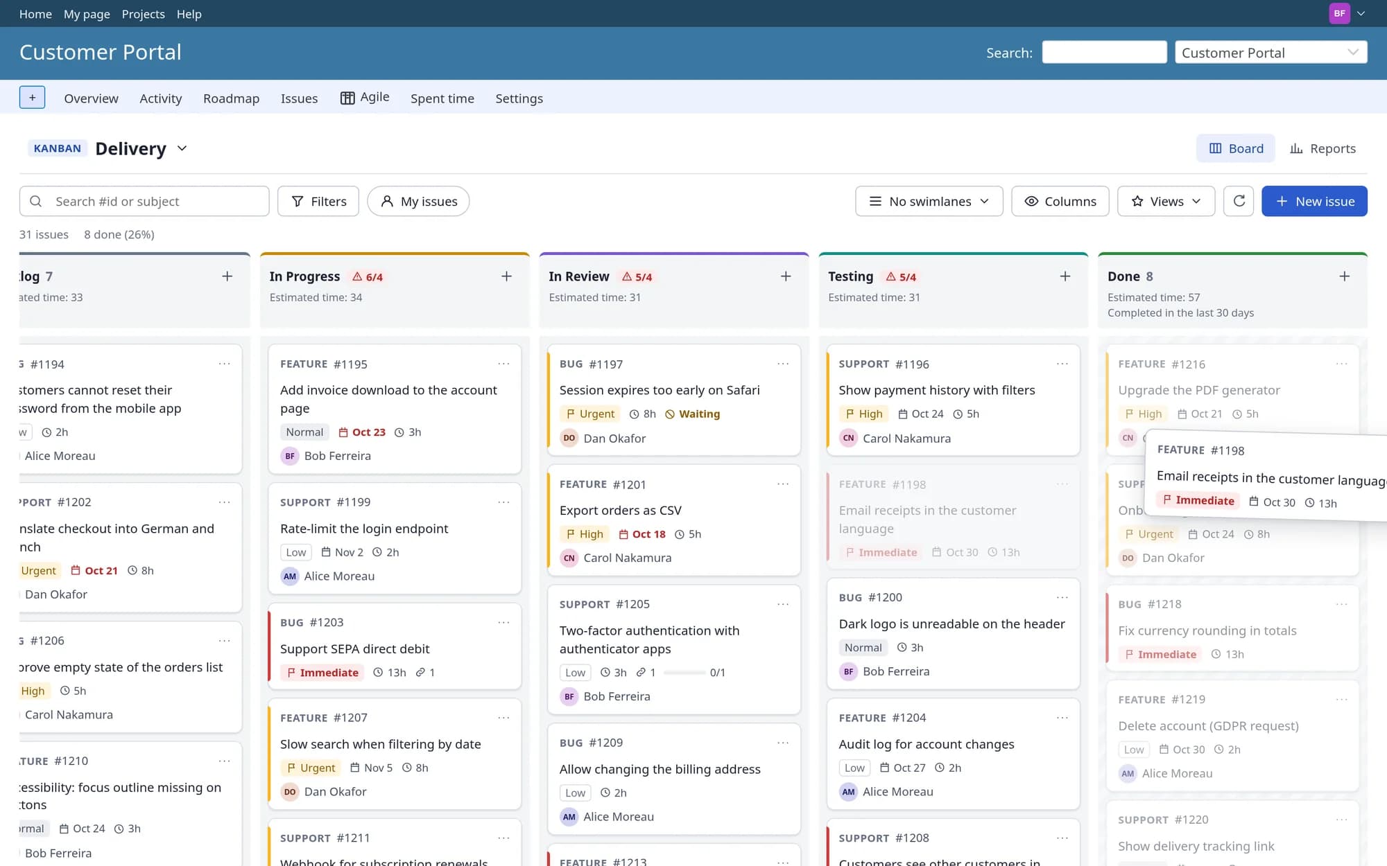 Plugin Redmine Agile / Kanban Board: Během přetahování karty jsou sloupce, do kterých ji role uživatele nesmí přesunout, zašedlé.