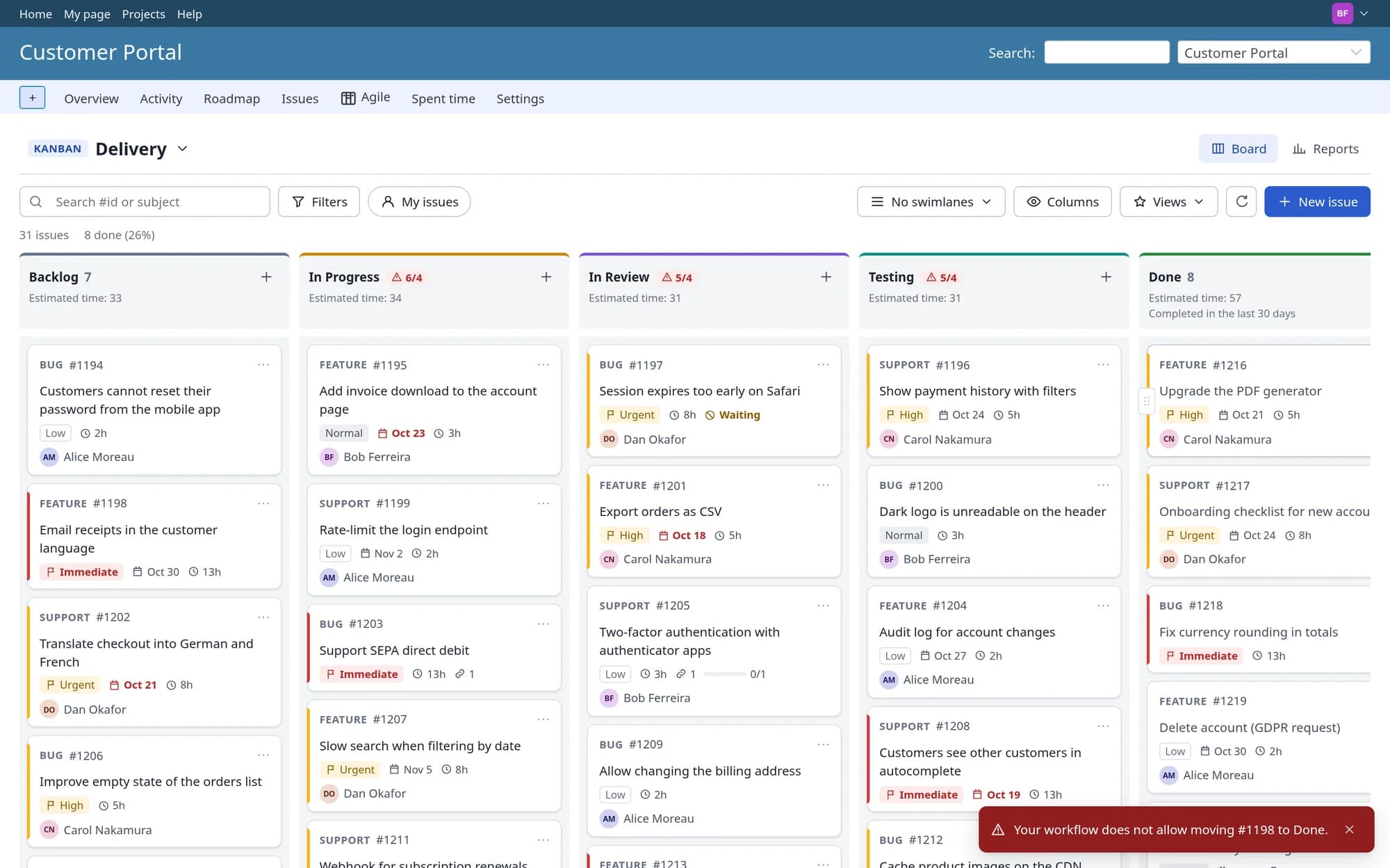 Plugin Redmine Agile / Kanban Board: Chybová zpráva: Your workflow does not allow moving issue 1167 to Done.