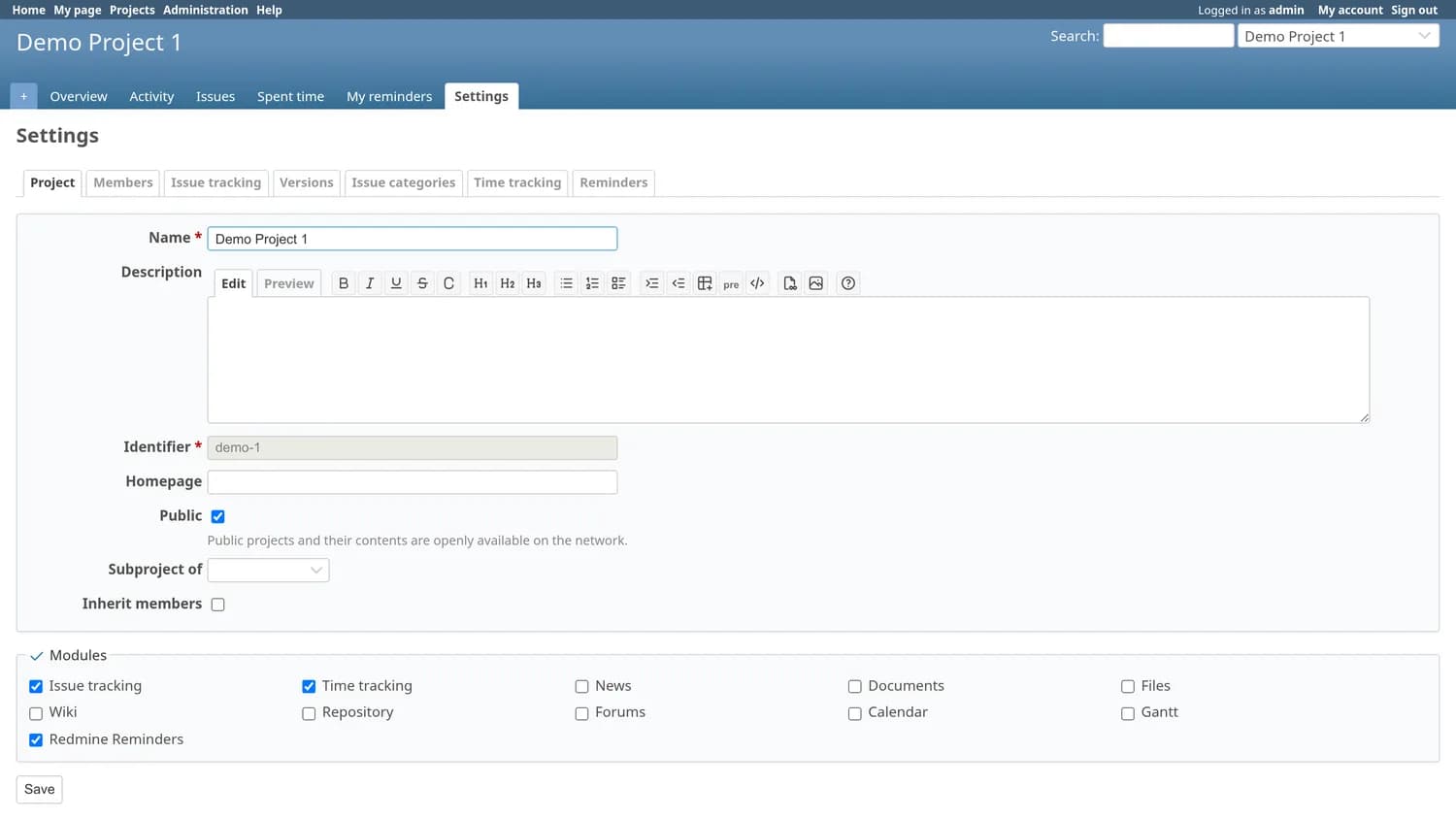 Le impostazioni di un progetto Redmine con la sezione Moduli espansa e la casella Redmine Reminders selezionata accanto a Gestione richieste e Rilevamento tempo.