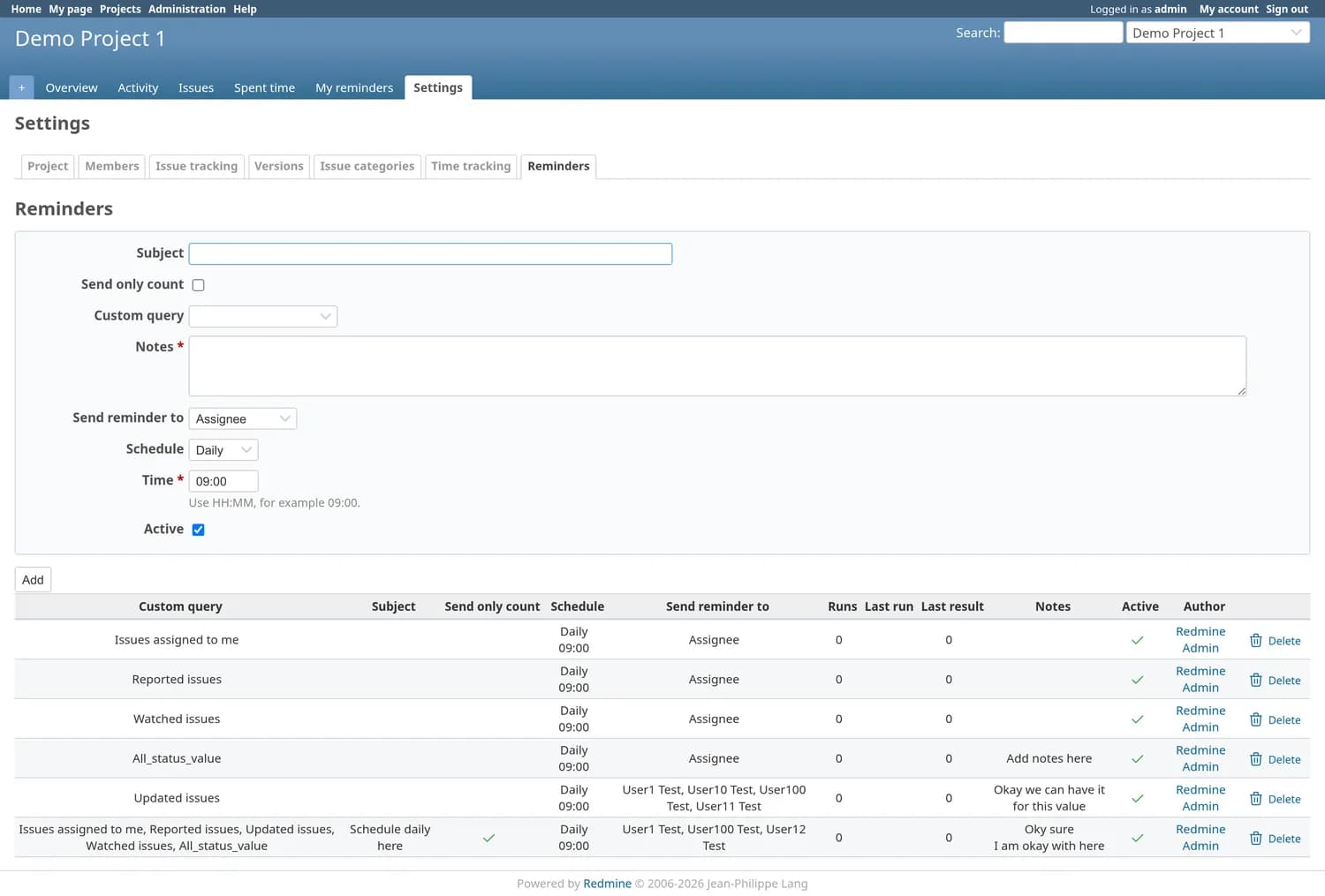 La scheda Promemoria nelle impostazioni di progetto di Redmine: un modulo con oggetto, invio del solo conteggio, query personalizzata, note, destinatario, pianificazione, orario e campo attivo, sopra una tabella con sei regole esistenti.