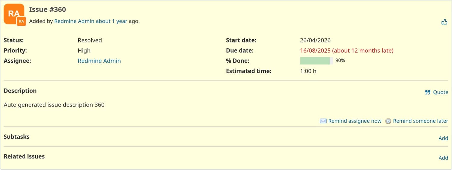 Una scheda di richiesta Redmine per il bug #360, in ritardo di dodici mesi, con i collegamenti «Sollecita subito l’assegnatario» e «Sollecita qualcuno più avanti» aggiunti sotto la descrizione.