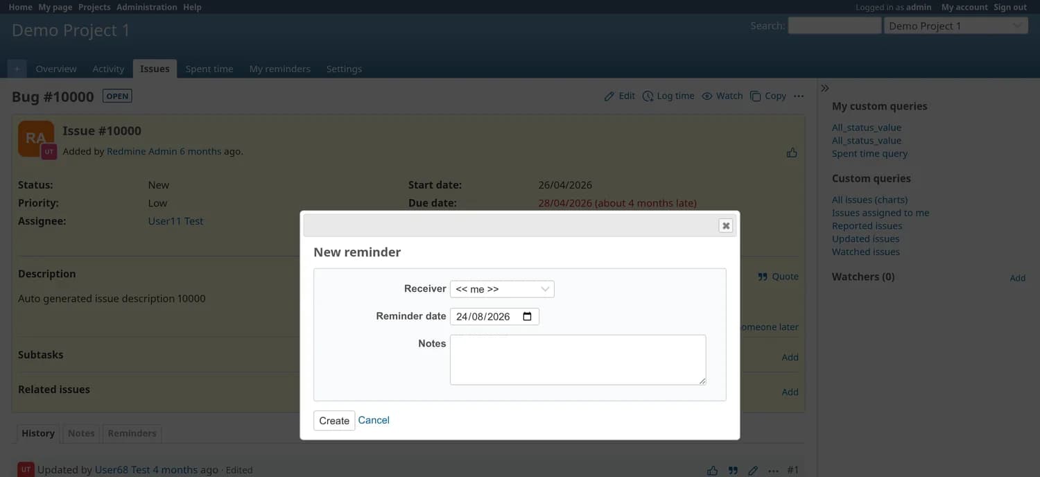 La finestra «Nuovo promemoria» aperta sopra una richiesta Redmine, con i campi Destinatario, Data del promemoria e Note e un pulsante Crea.
