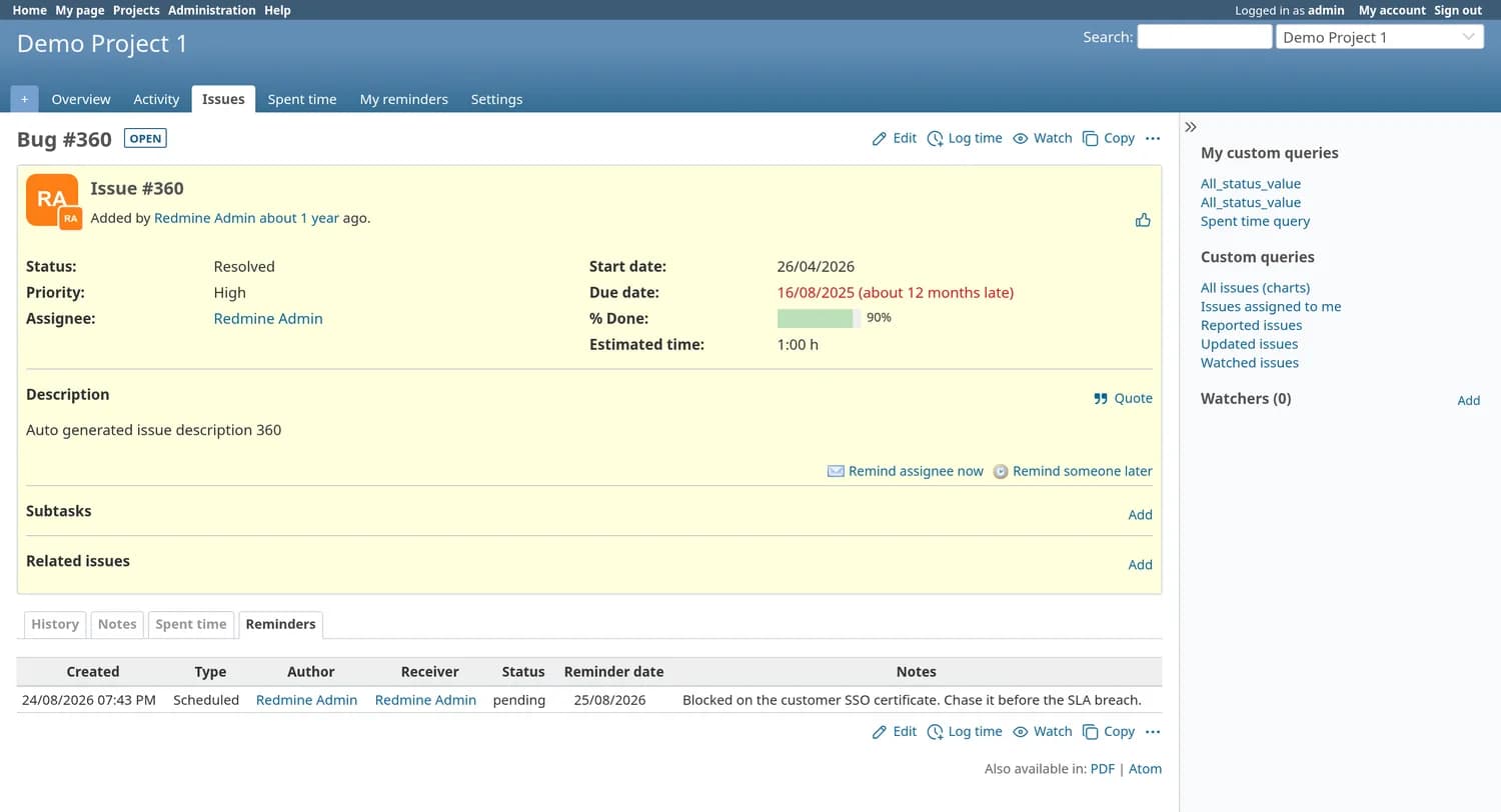 Una richiesta Redmine con la scheda Promemoria selezionata, che elenca un promemoria programmato con data di creazione, tipo, autore, destinatario, stato in attesa, data del promemoria e nota.
