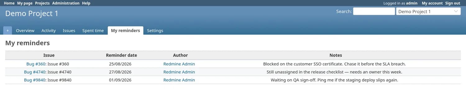 La pagina «I miei promemoria» in un progetto Redmine, con tre promemoria in attesa e la loro richiesta, data, autore e nota.