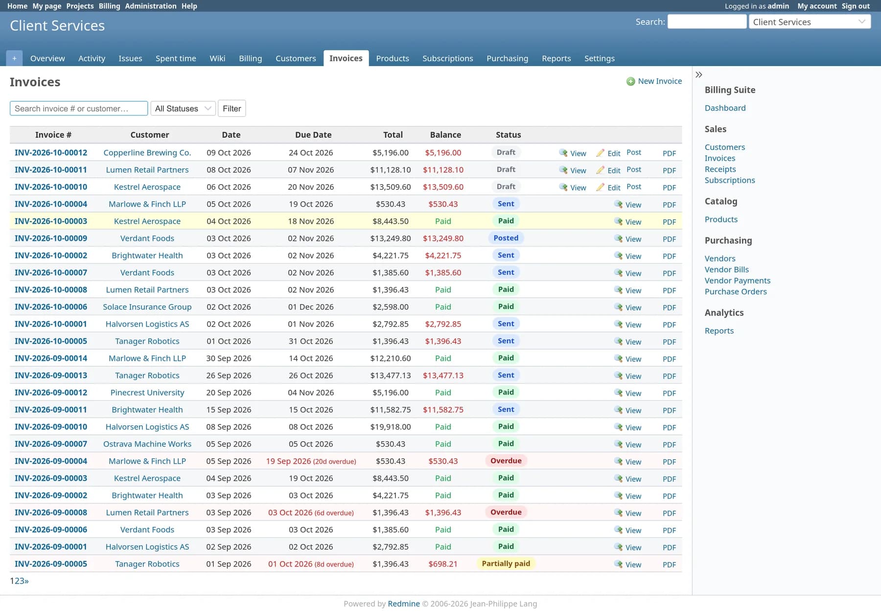 Invoice list with status badges, balances and overdue highlighting