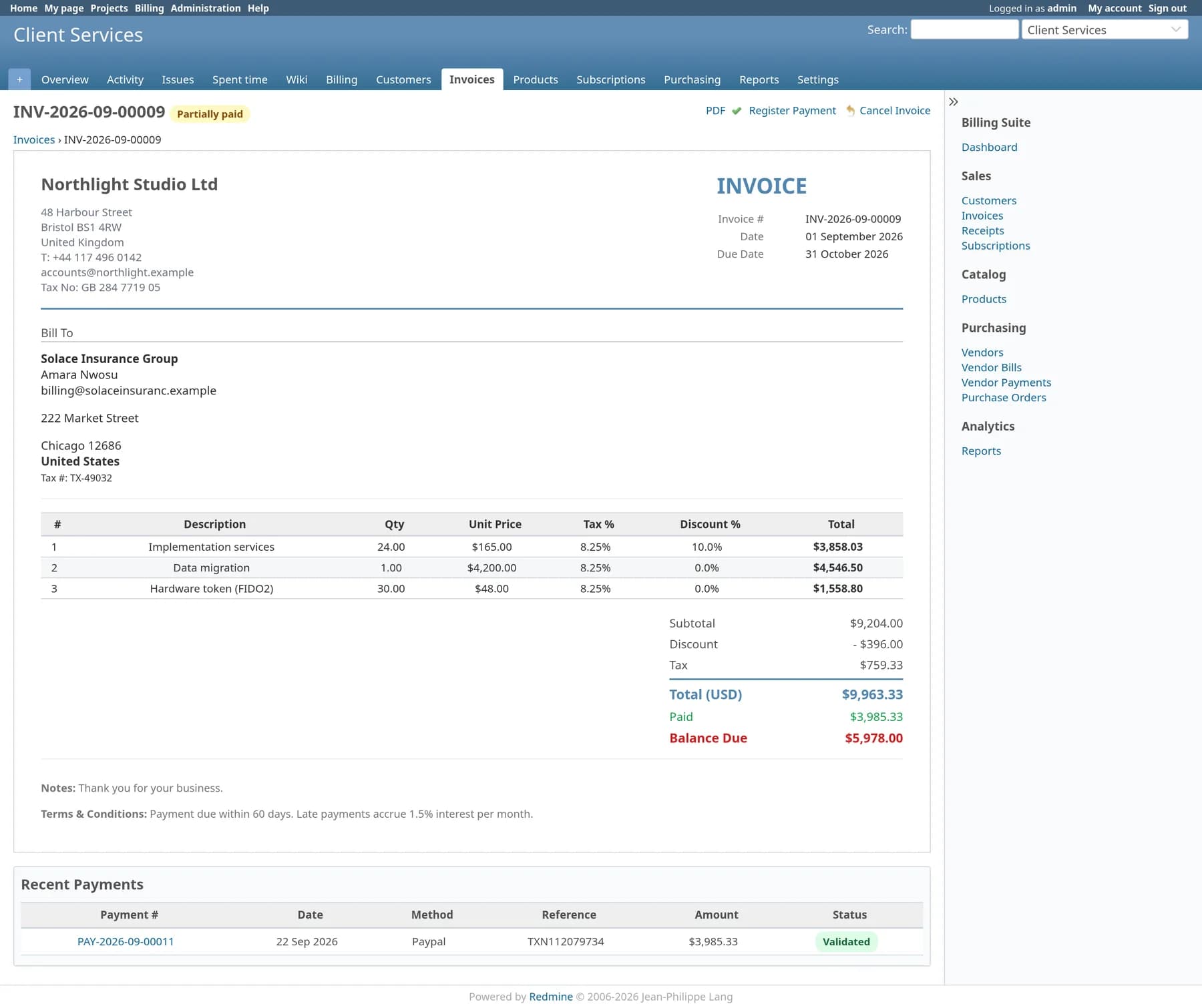 Invoice INV-2026-09-00009, partially paid: three line items with tax and a 10% line discount, totals, paid amount, balance due and one recorded payment