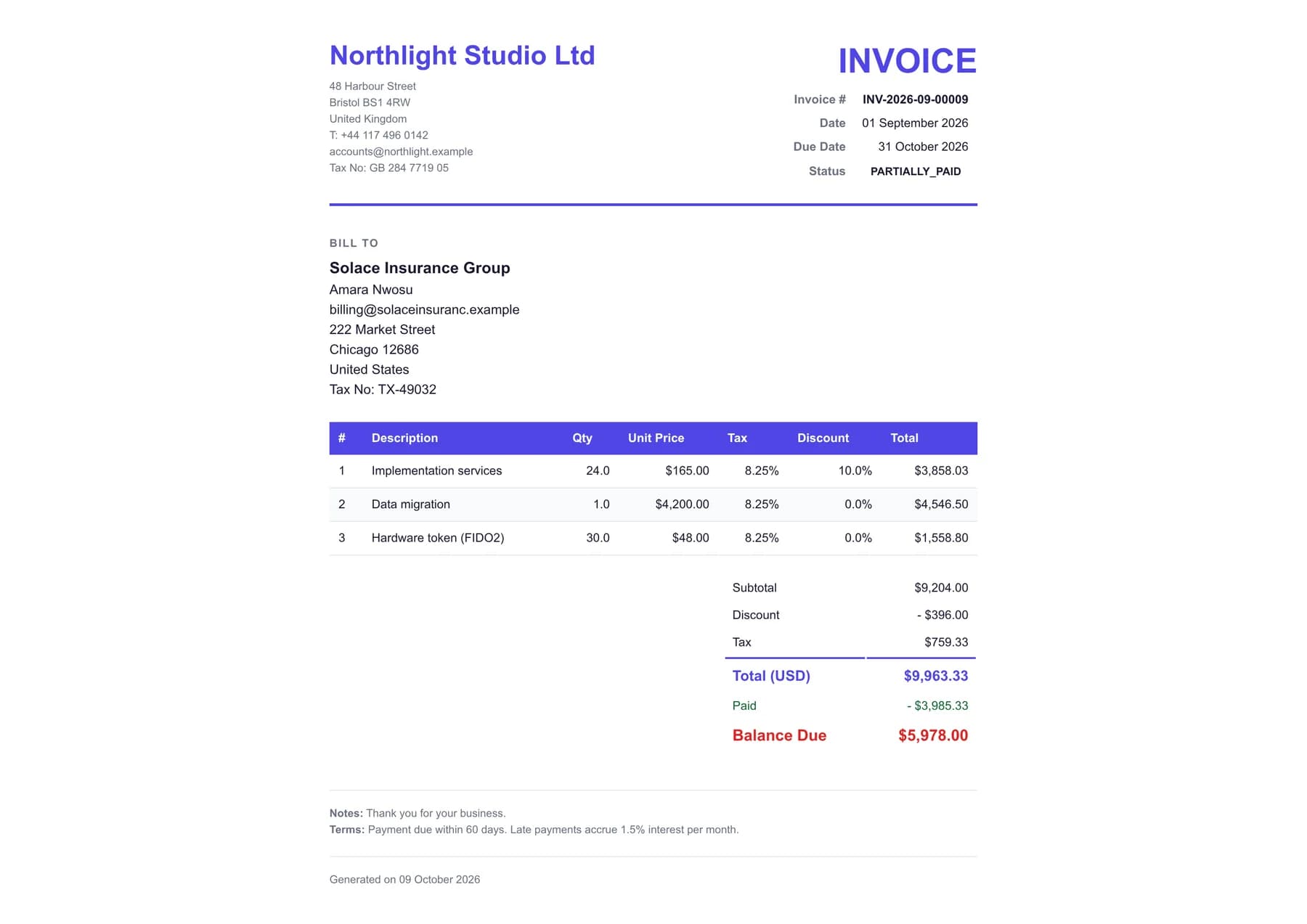 The print-ready version of the same invoice with company details, bill-to address, line items table and totals
