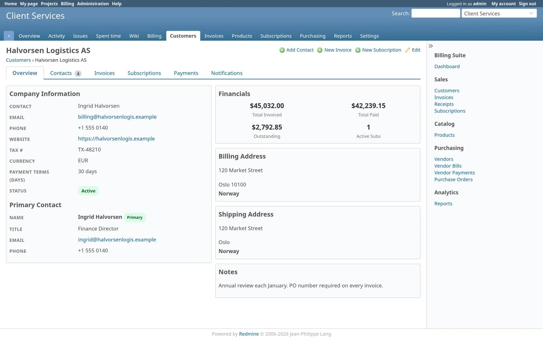 Customer page with company information, financial summary and addresses