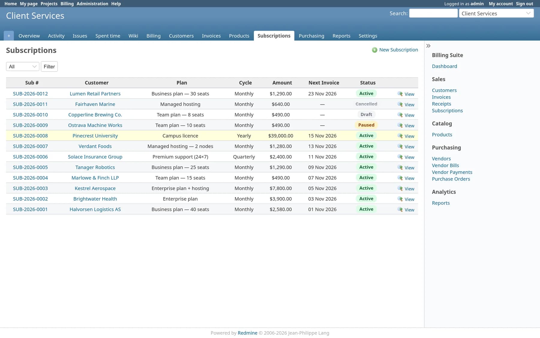 Subscription list with plan, cycle, amount, next invoice date and status