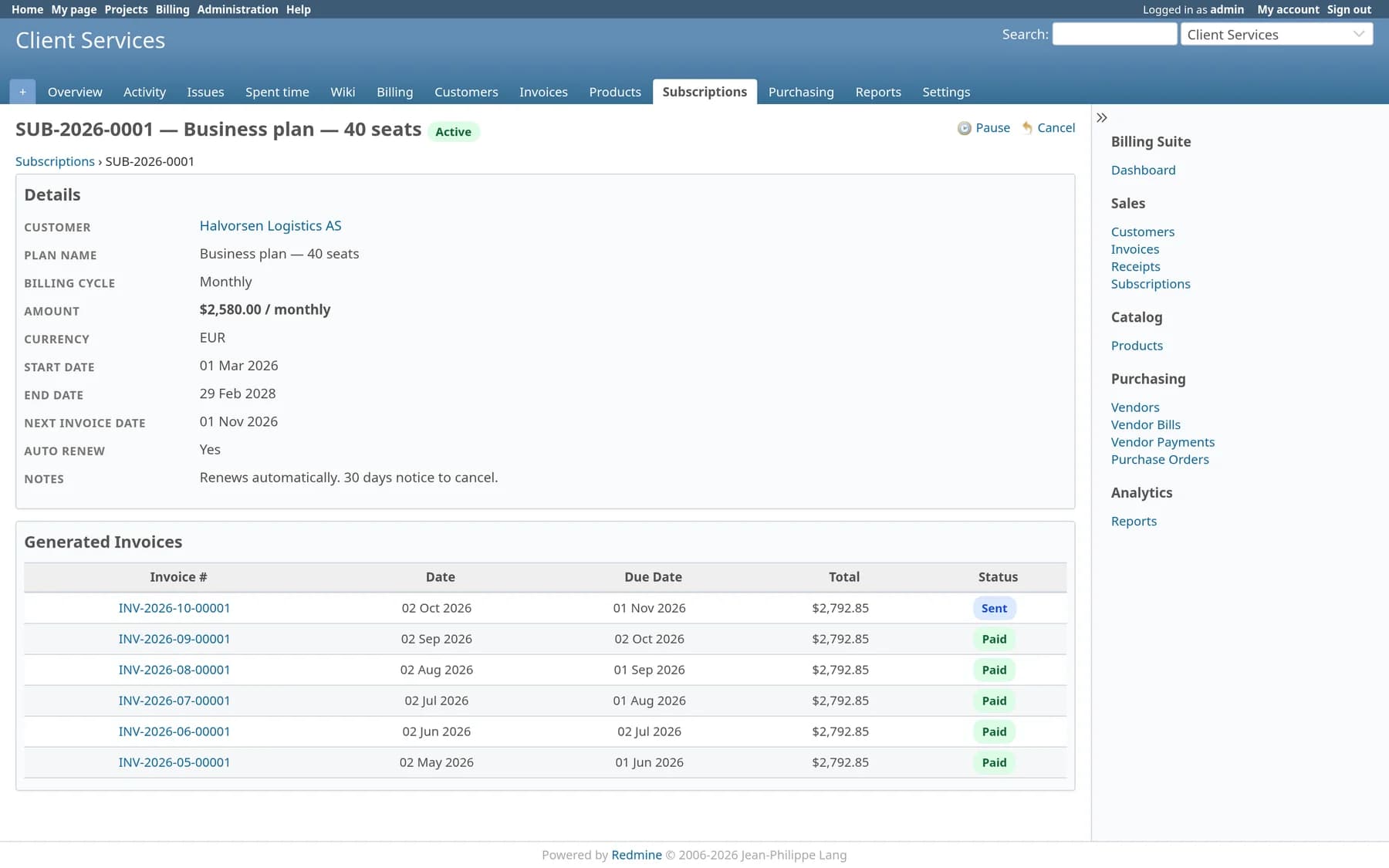An active subscription showing plan details, billing cycle, amount, next invoice date and six generated invoices