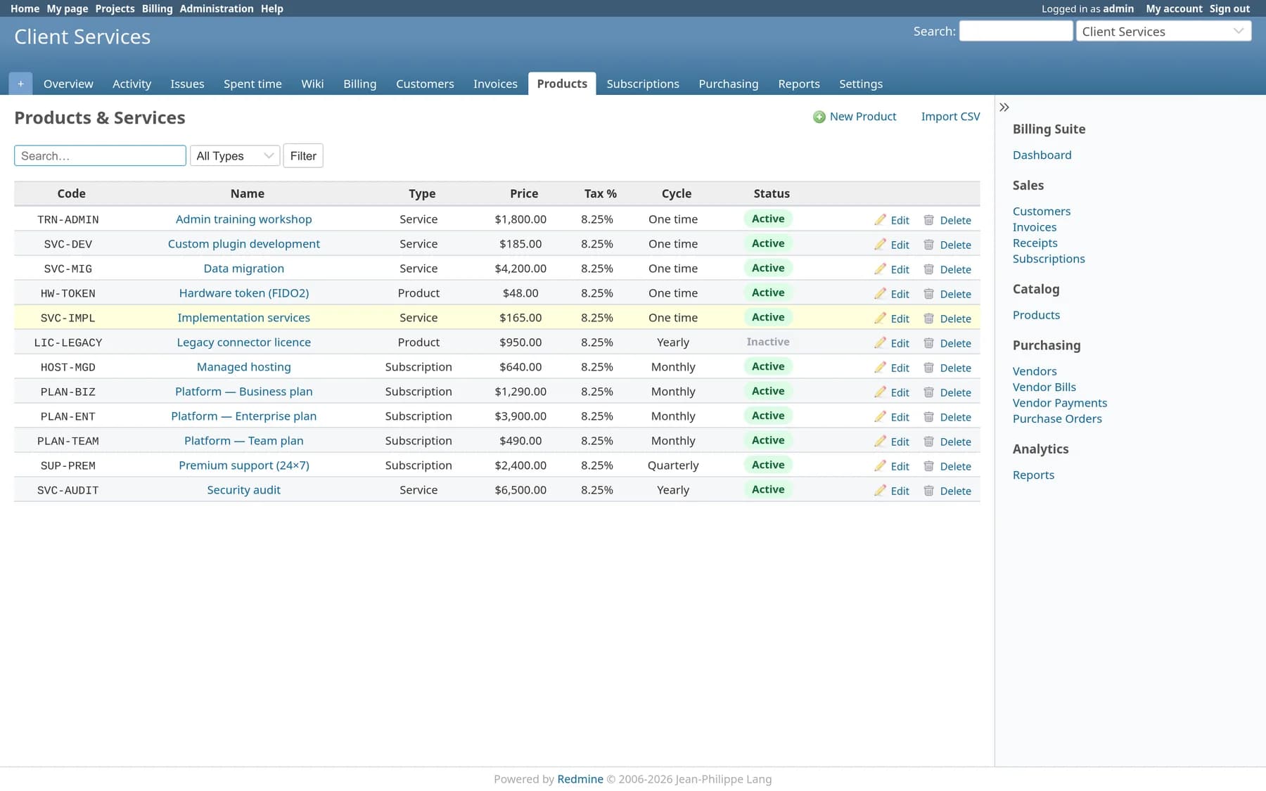 Products and services catalogue with code, type, price, tax percentage, billing cycle and status