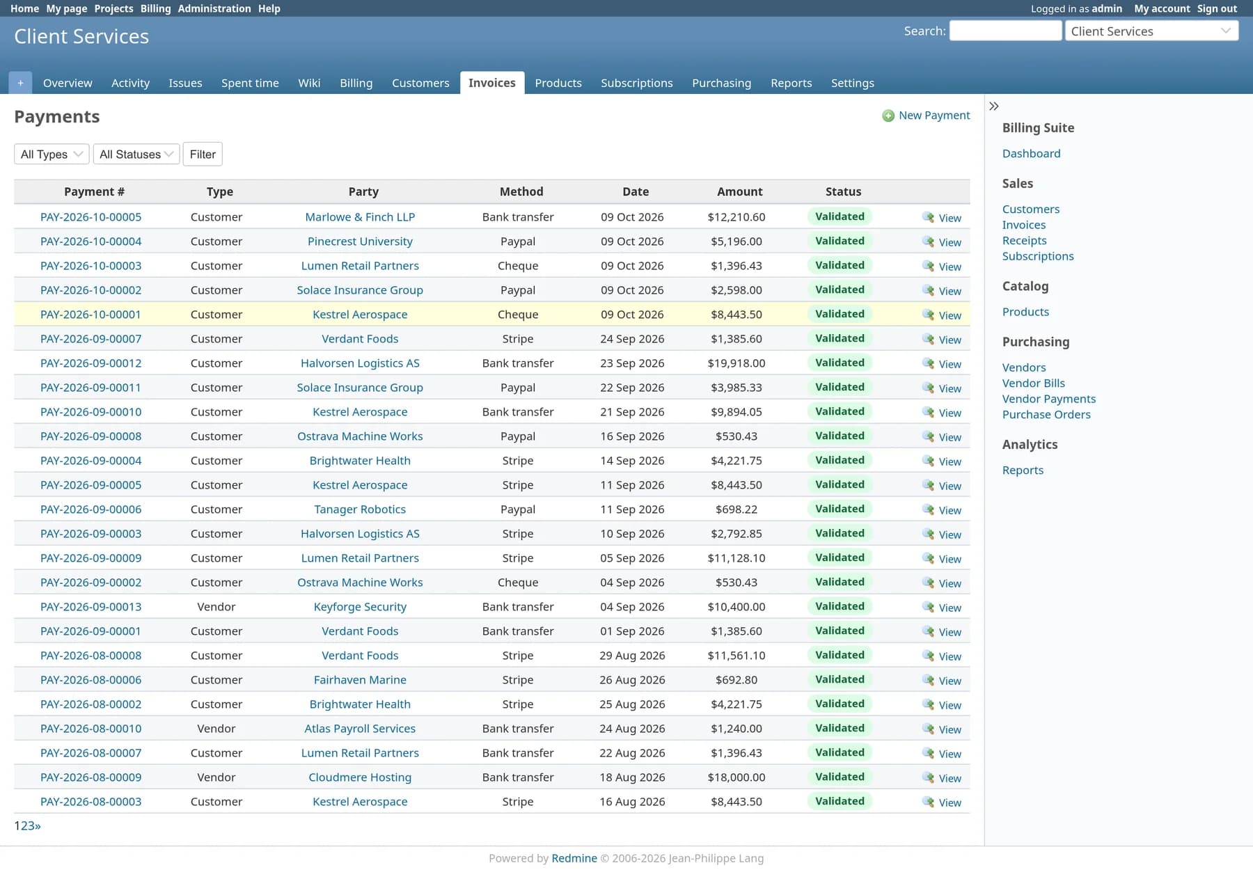Payments ledger listing customer and vendor payments with method and status