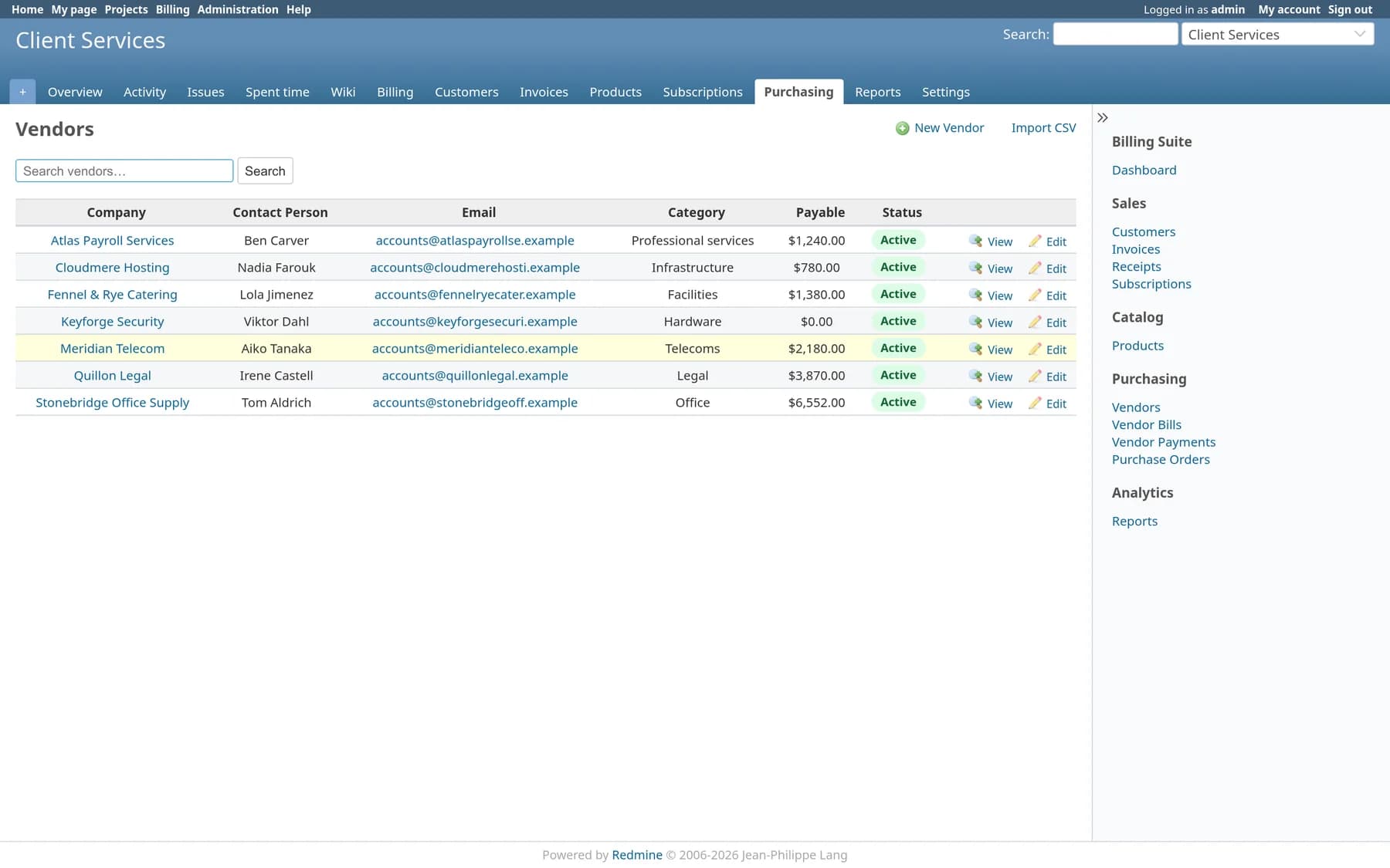 Vendor list with contact person, email, category, outstanding payable and status