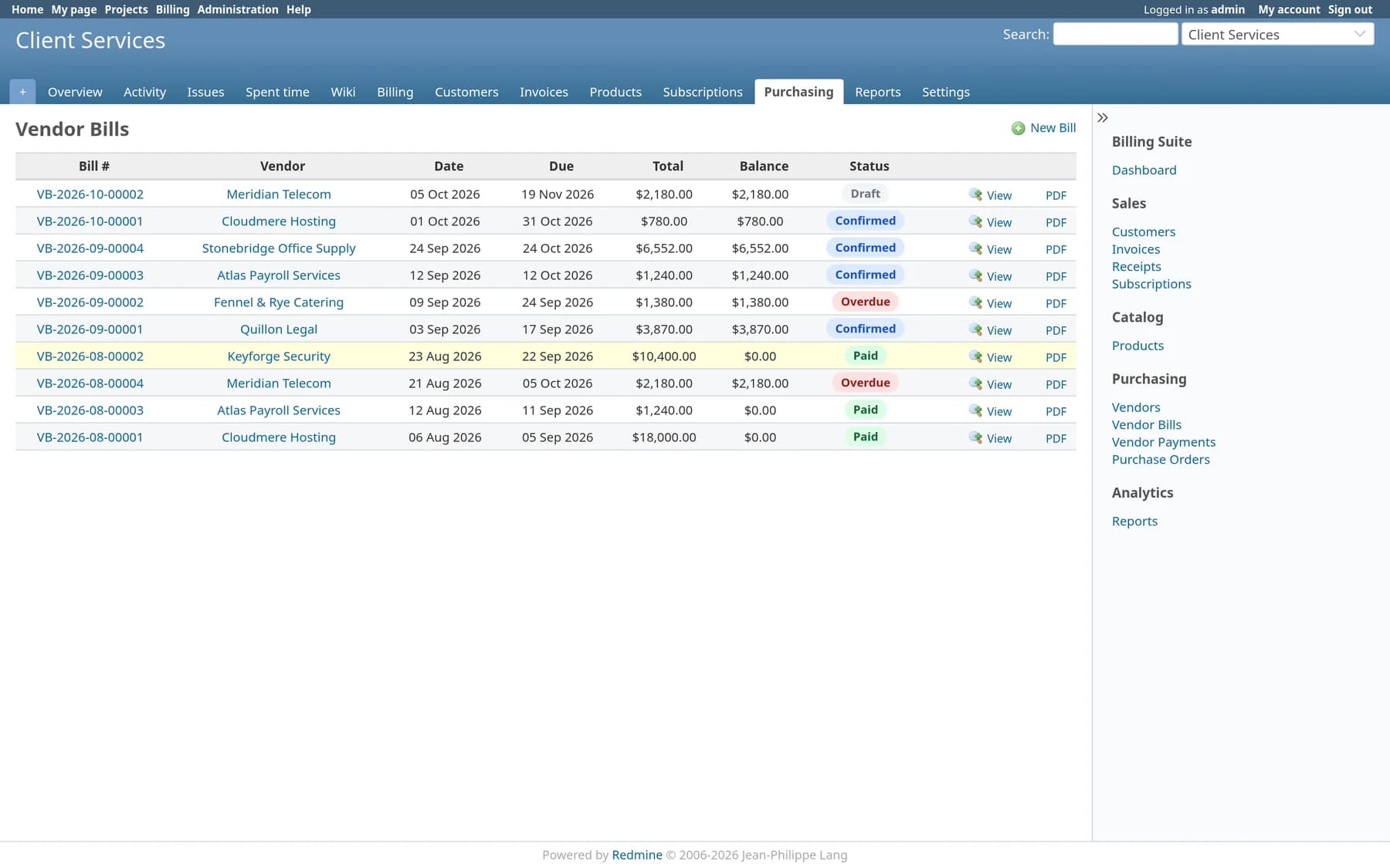 Vendor bills list with due dates, totals, balances and draft, confirmed, overdue and paid statuses