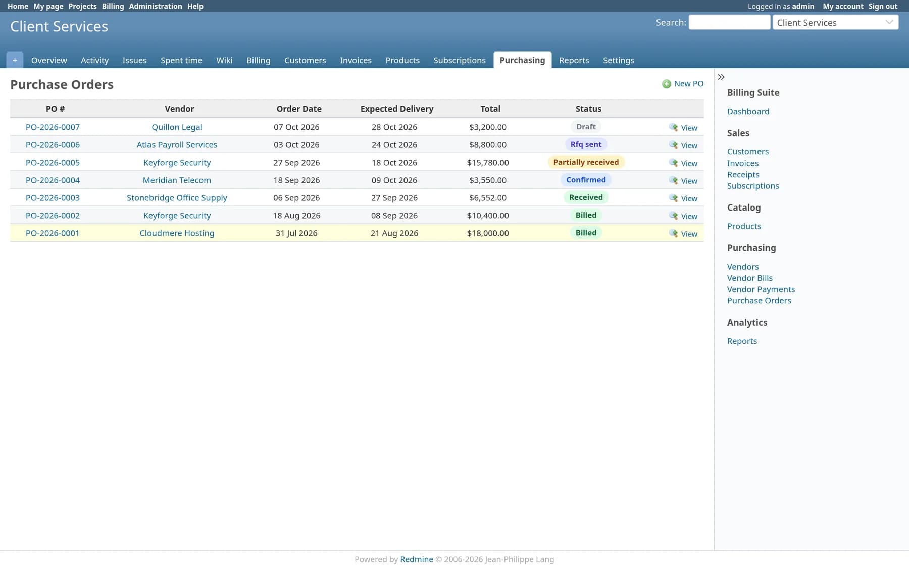 Purchase order list with vendors, expected delivery dates and statuses