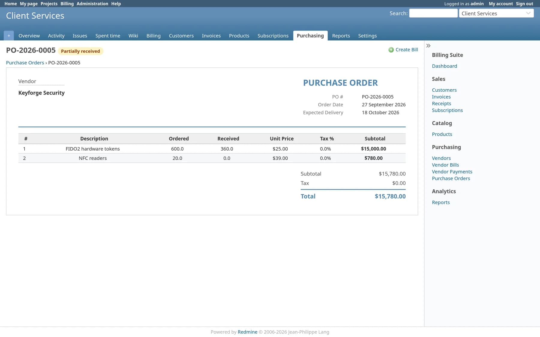 A partially received purchase order showing ordered and received quantities per line and the order total