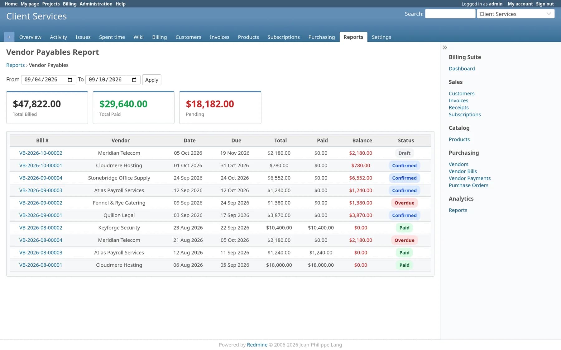 Vendor payables report with total billed, total paid and pending amounts above a list of vendor bills