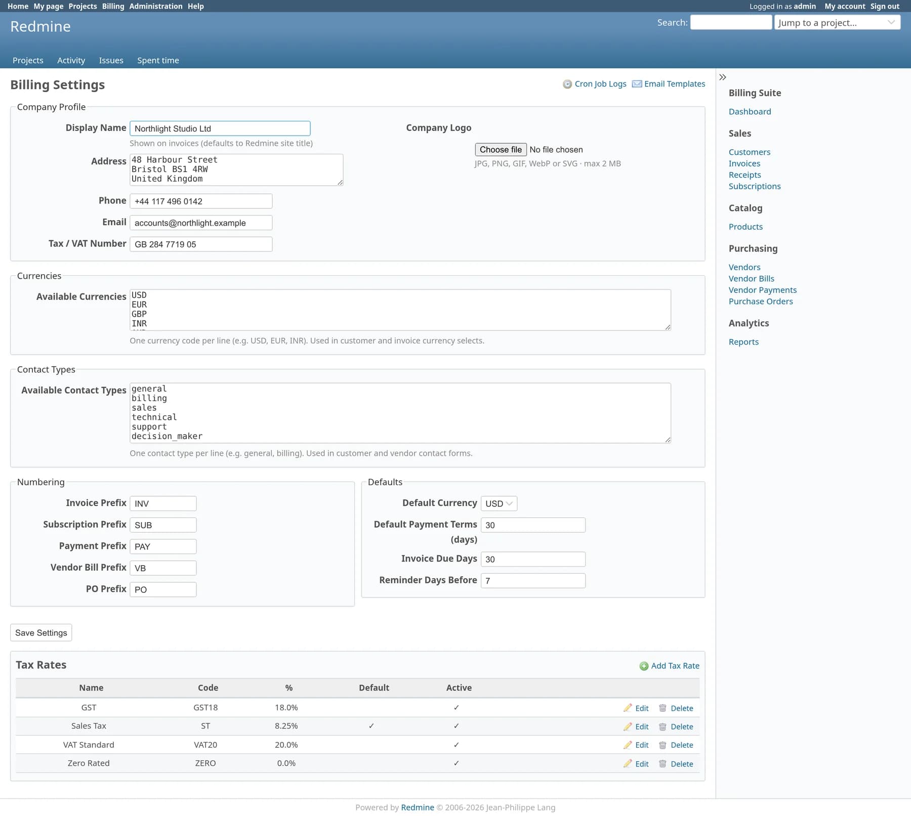 Billing settings: company profile and logo, currencies, contact types, document number prefixes, defaults and tax rates