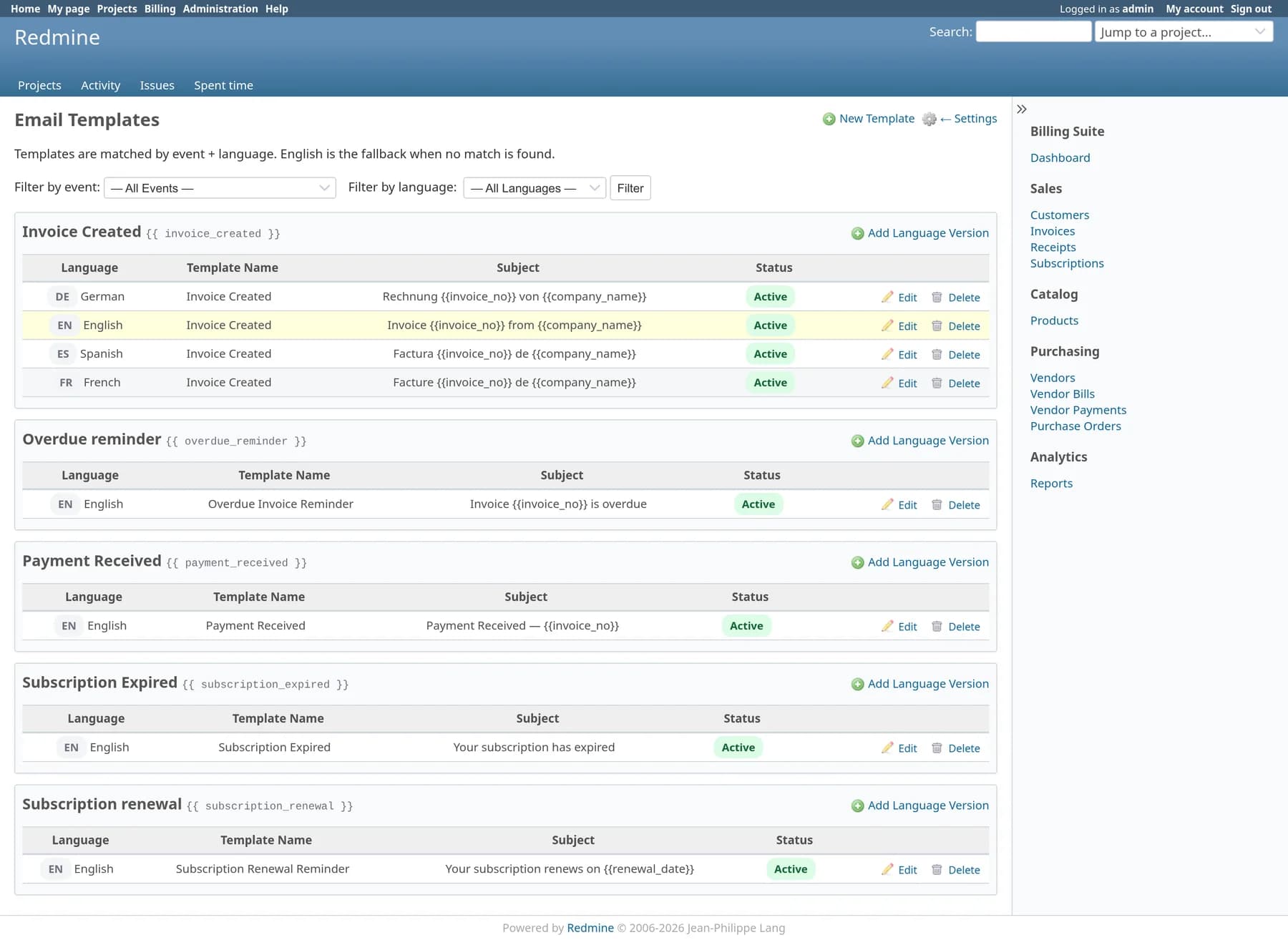 Email templates grouped by event, with German, English, Spanish and French versions of the Invoice Created template
