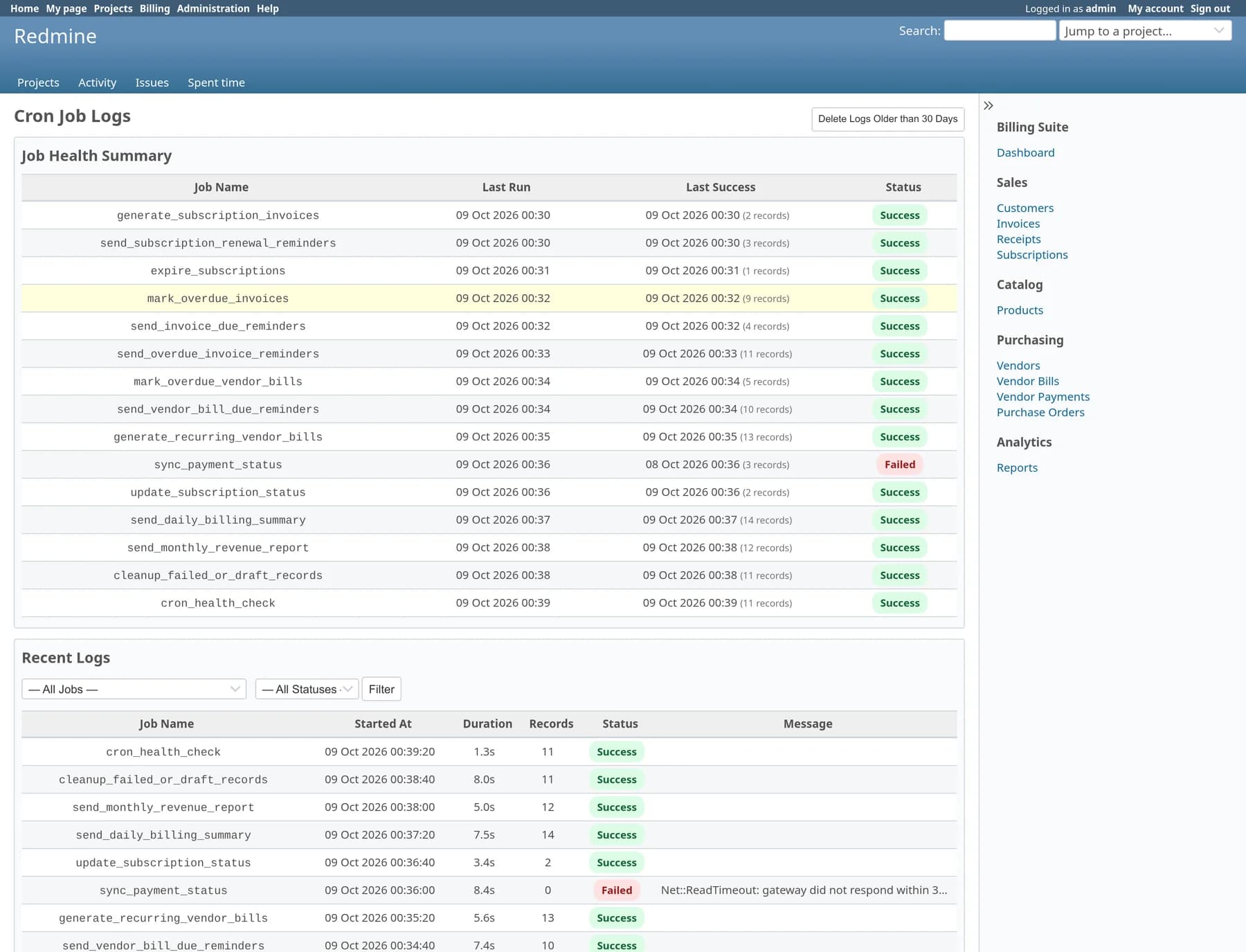 Cron job logs: a health summary of fifteen jobs with last run, last success and status, above a table of recent runs including one failure