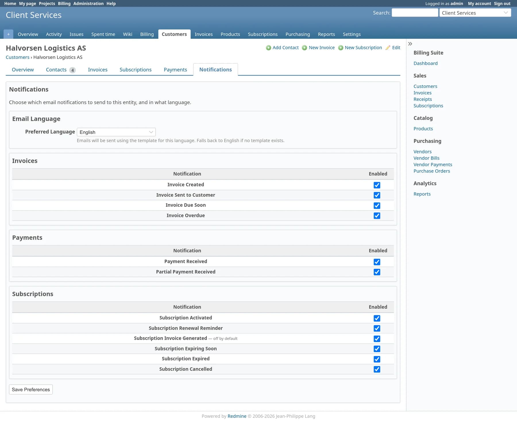 A customer’s Notifications tab with a preferred email language and on/off switches for invoice, payment and subscription notifications