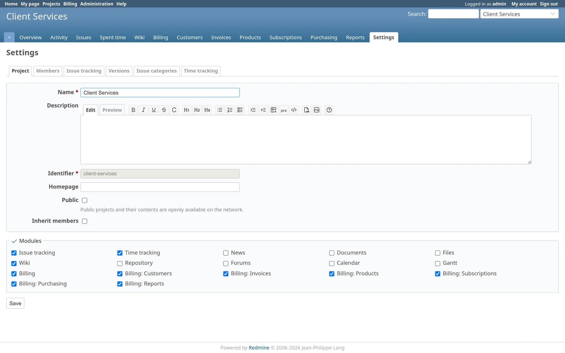 Redmine project settings, Modules tab, with separate checkboxes for Billing, Billing Customers, Invoices, Products, Subscriptions, Purchasing and Reports