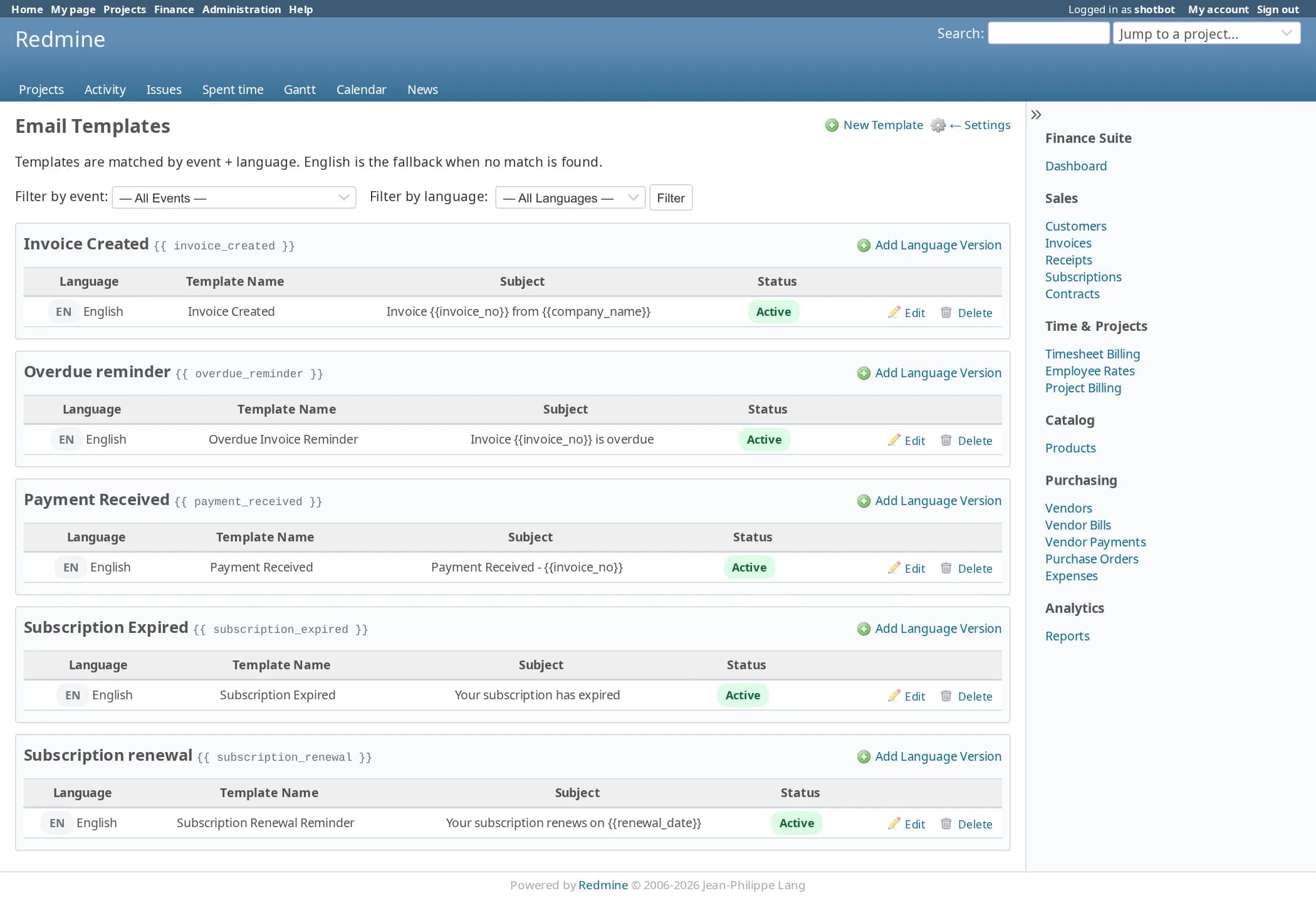 The email templates page, grouped by event: invoice created, overdue reminder, payment received, subscription expired and subscription renewal. Each has an English template with a name, a subject containing variables such as invoice number, an active badge and a link to add another language version.