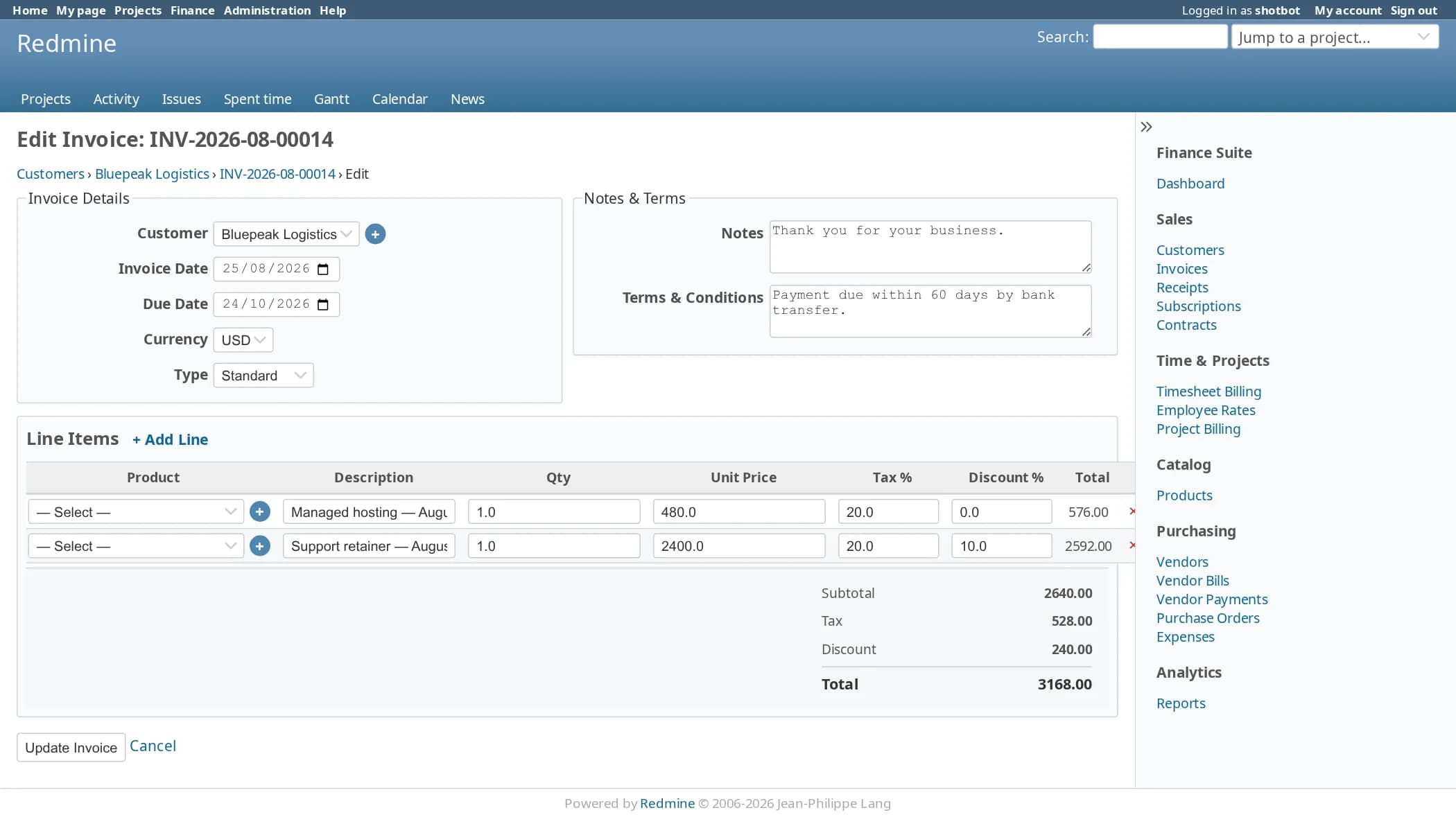 The edit invoice form: customer, invoice date, due date, currency and type on the left, notes and terms on the right, and a line items table with product, description, quantity, unit price, tax percent and discount percent. Subtotal, tax, discount and total are calculated below the lines.