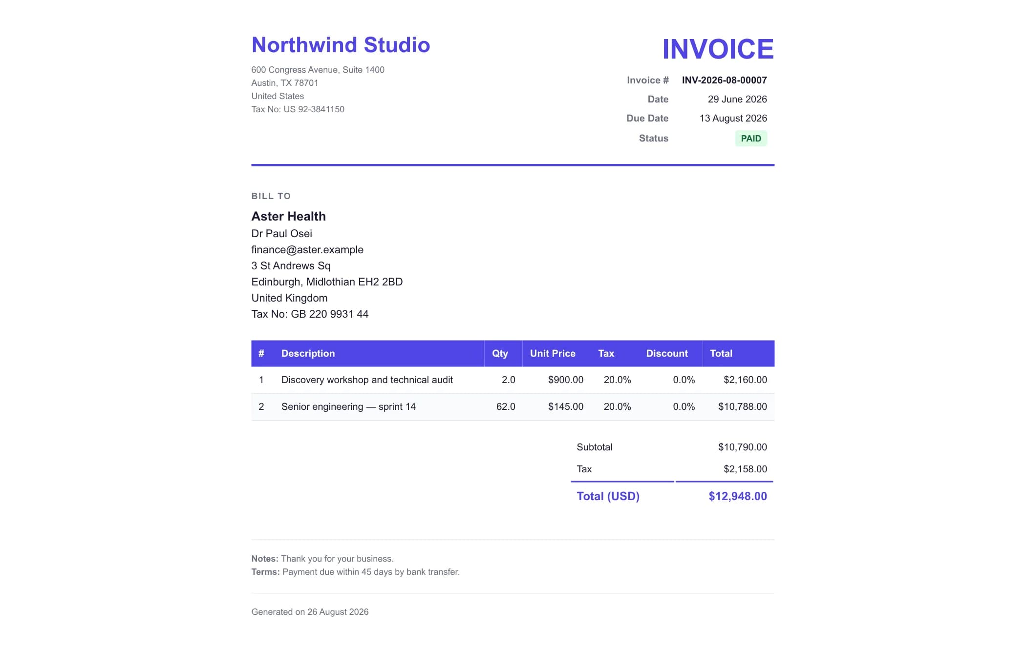 The print version of the same invoice on a clean white page: company name and address, an INVOICE heading with number, date, due date and a PAID badge, the bill-to address, the two lines, and the total of $12,948.00 in USD with notes and terms underneath.