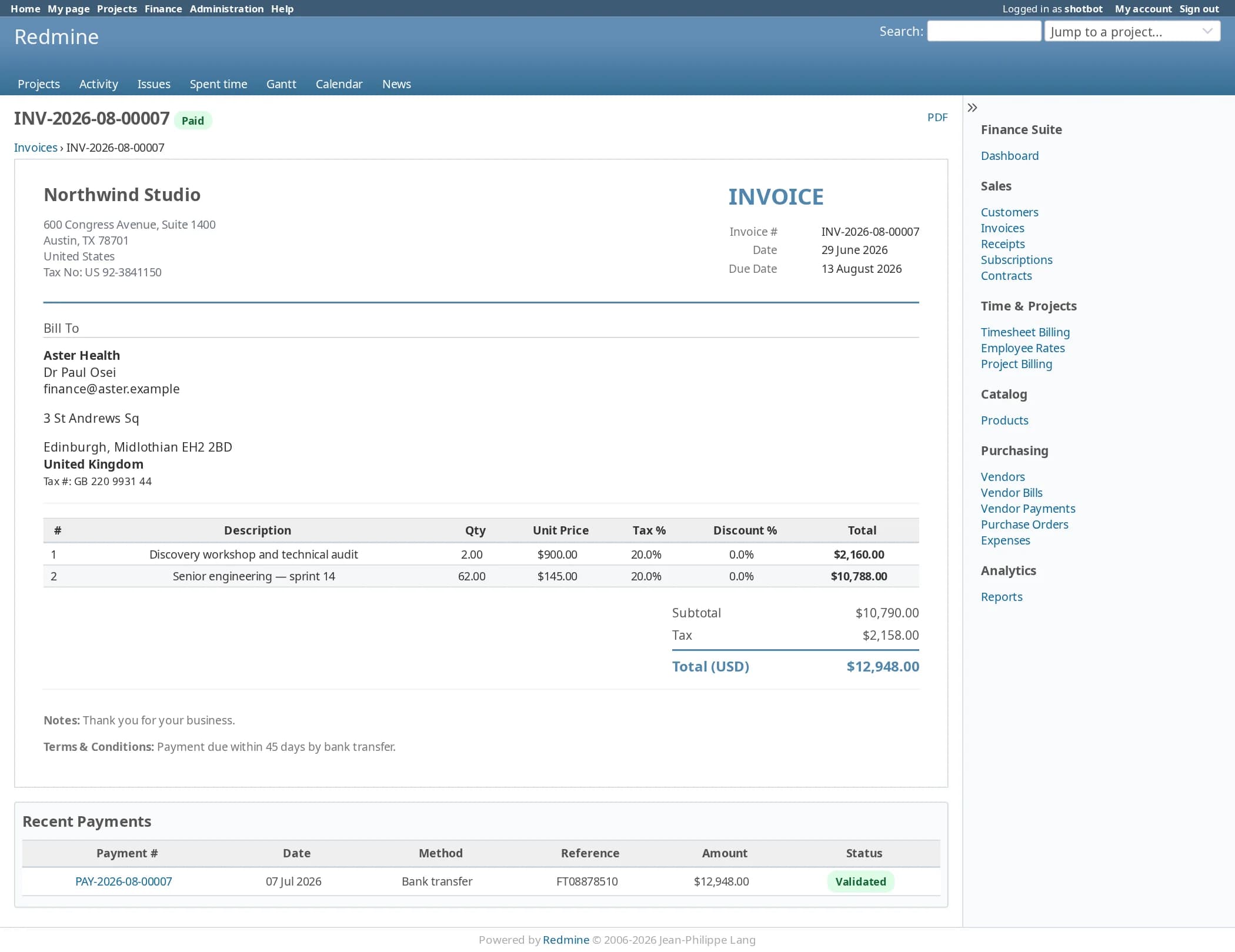 A paid invoice, INV-2026-08-00007, from Northwind Studio to Aster Health: two lines for a discovery workshop and senior engineering, with quantity, unit price, tax and discount per line, a subtotal of $10,790.00, tax of $2,158.00 and a total of $12,948.00. A recent payments table below shows one validated bank transfer for the full amount.