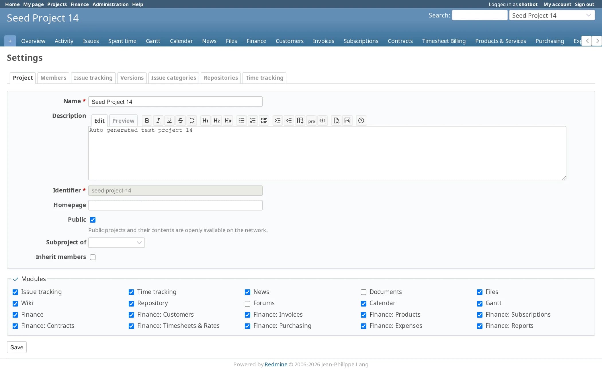 A Redmine project’s settings page. The modules list includes ten finance checkboxes: Finance, Customers, Invoices, Products, Subscriptions, Contracts, Timesheets and Rates, Purchasing, Expenses and Reports, all ticked. The project menu above shows the matching tabs.