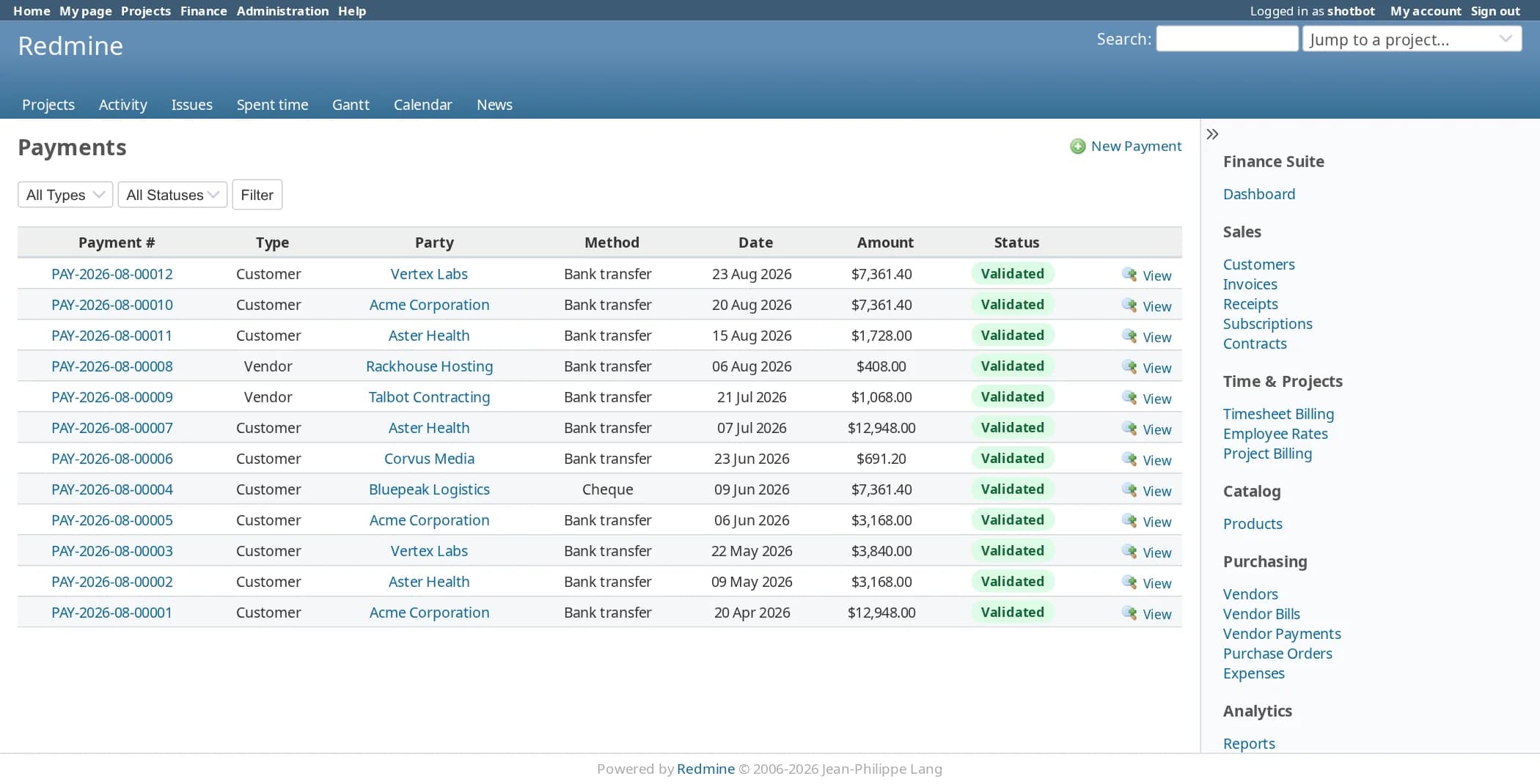 The payments list: twelve payments numbered PAY-2026-08-00001 to 00012, each marked customer or vendor, with the party, method of bank transfer or cheque, date, amount and a validated status badge.