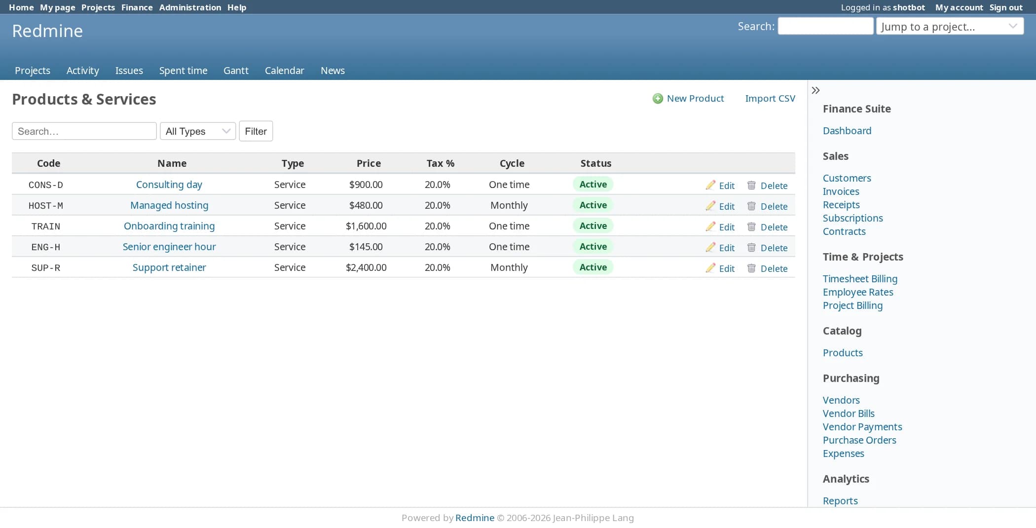 The products and services list: five items with code, name, type, price, tax percent, a one-time or monthly cycle and an active status, with New Product and Import CSV links.