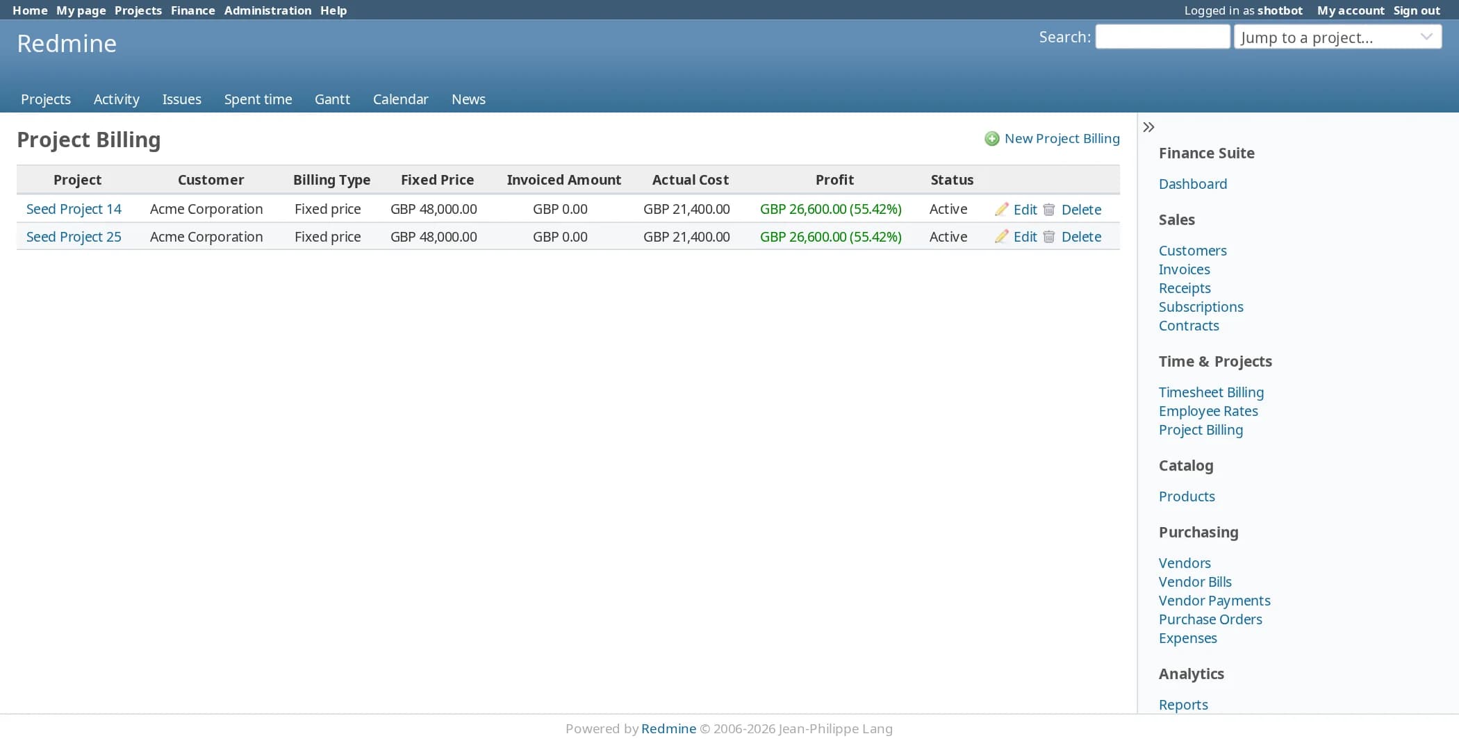 The project billing list: two fixed-price projects for Acme Corporation, each with a fixed price of GBP 48,000.00, invoiced amount, an actual cost of GBP 21,400.00 and a profit of GBP 26,600.00, which is 55.42%.