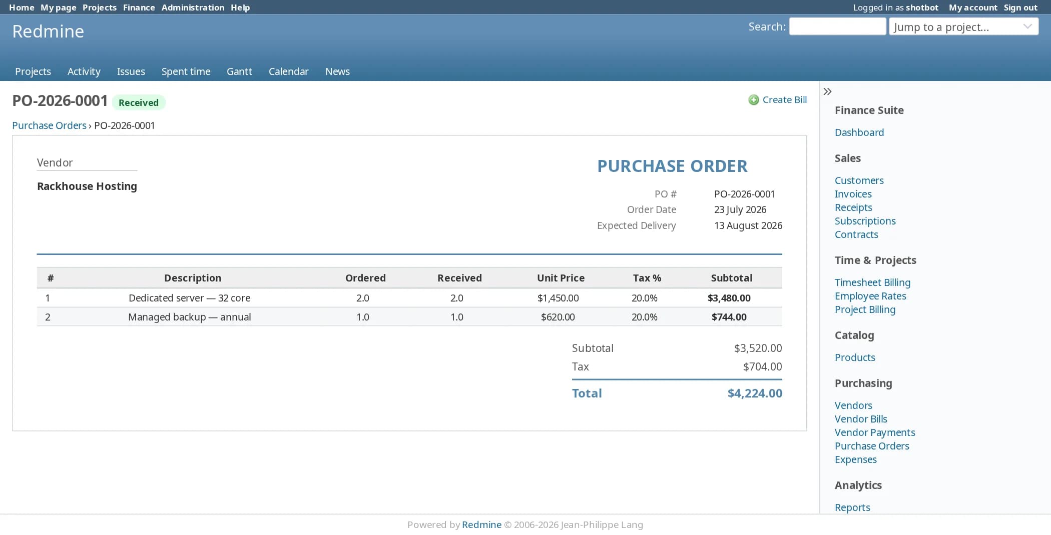 A received purchase order, PO-2026-0001, to Rackhouse Hosting with order date and expected delivery. Two lines for a dedicated server and a managed backup show ordered and received quantities, unit price and tax, with a total of $4,224.00. A Create Bill link sits at the top right.