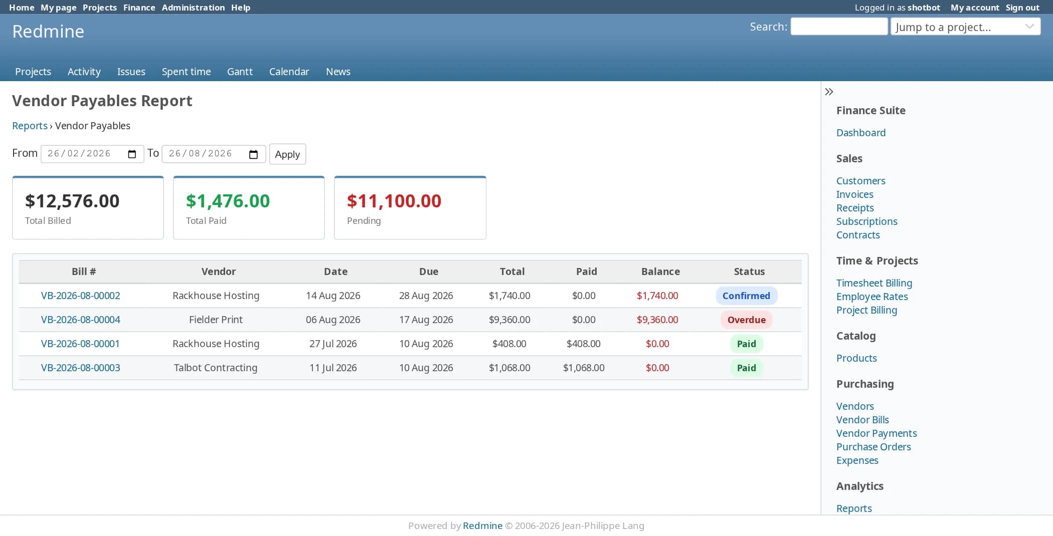 The vendor payables report for a date range: tiles for $12,576.00 billed, $1,476.00 paid and $11,100.00 pending, and a table of bills with vendor, date, due date, total, paid, balance and status.