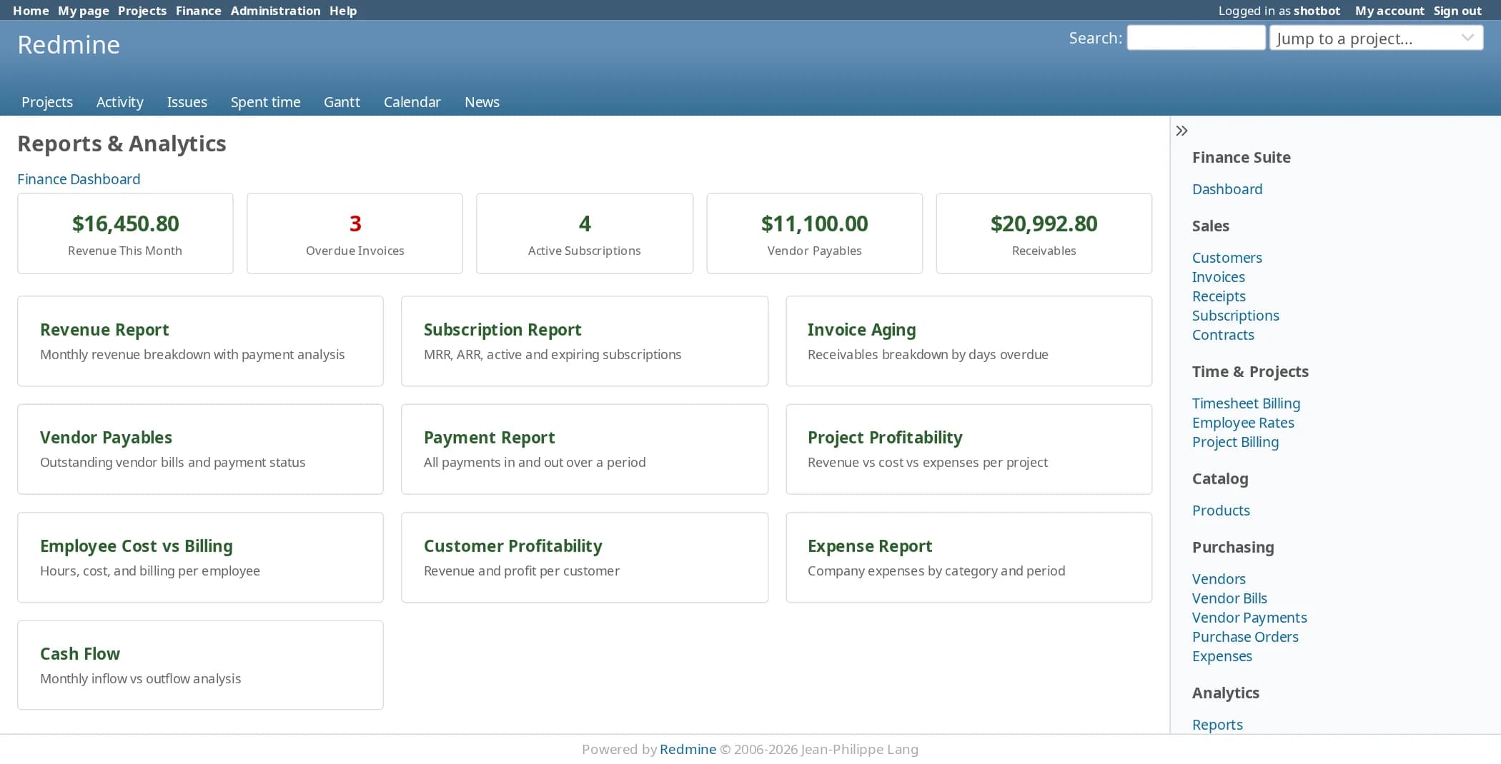 The reports and analytics page: five tiles for revenue this month, overdue invoices, active subscriptions, vendor payables and receivables, and ten report cards for revenue, subscriptions, invoice aging, vendor payables, payments, project profitability, employee cost against billing, customer profitability, expenses and cash flow.