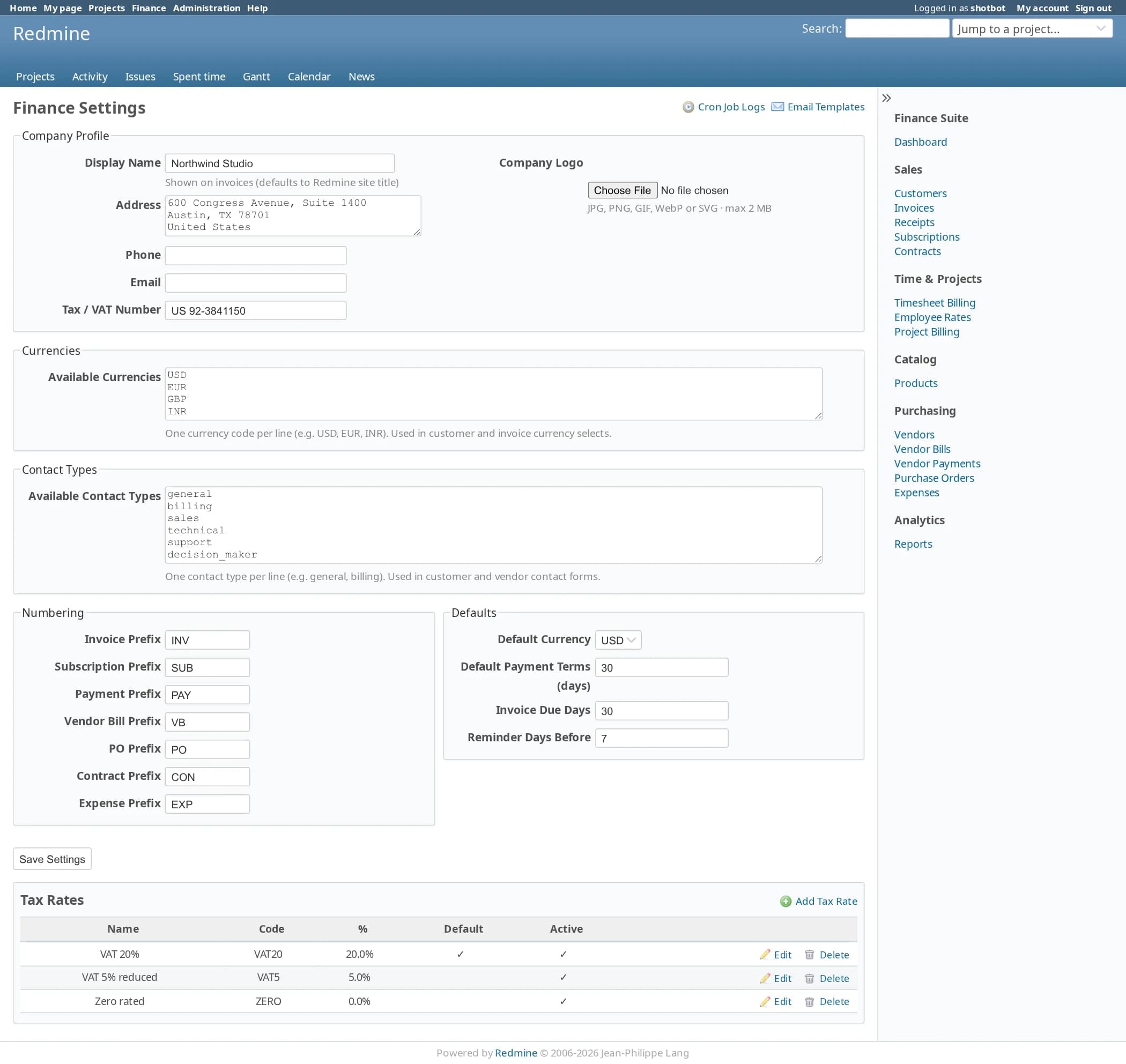 The finance settings page: company profile with display name, address, tax number and logo upload, the list of available currencies, contact types, number prefixes for invoices, subscriptions, payments, vendor bills, purchase orders, contracts and expenses, default currency and payment terms, and a tax rates table.