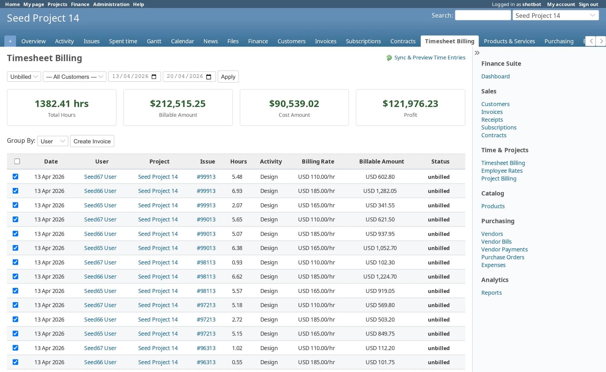 Timesheet billing inside a project, filtered to unbilled entries for one week. Four tiles show 1,382.41 total hours, a billable amount of $212,515.25, a cost amount of $90,539.02 and a profit of $121,976.23. Below, a table of time entries lists date, user, project, issue, hours, activity, billing rate and billable amount, each with a checkbox, and a Create Invoice button above the table.
