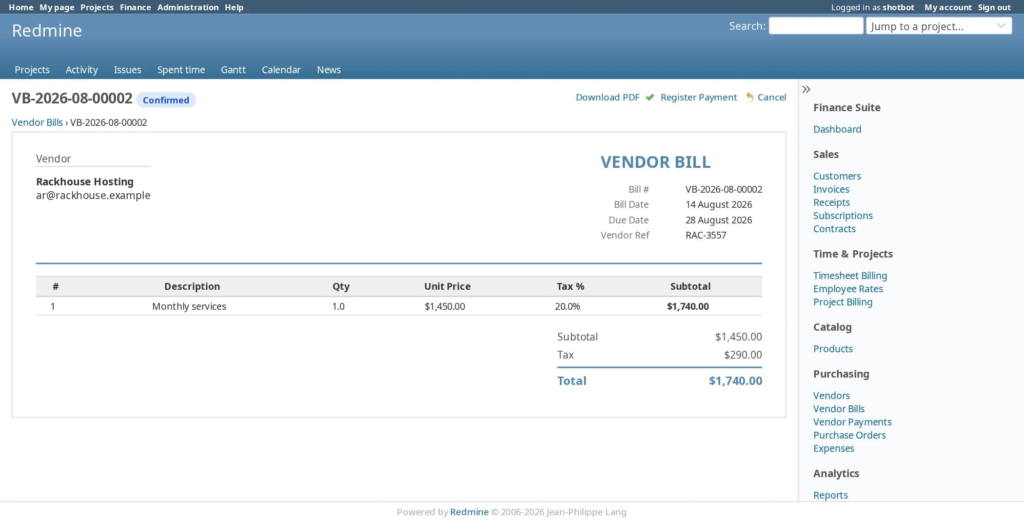 A confirmed vendor bill, VB-2026-08-00002, from Rackhouse Hosting with bill date, due date and the vendor’s reference. One line for monthly services comes to $1,740.00 including tax. Links at the top offer Download PDF, Register Payment and Cancel.