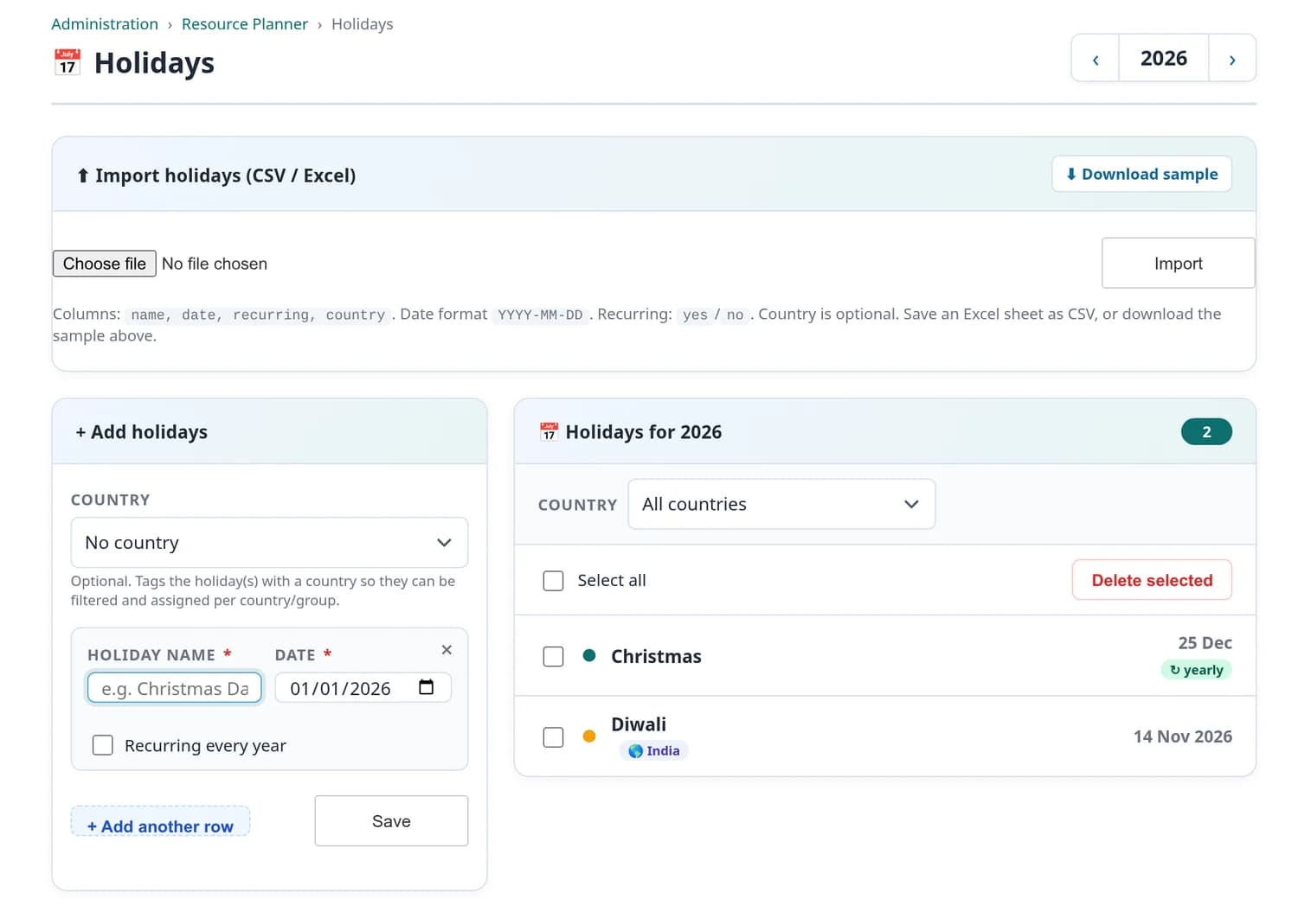 The holidays page: import holidays from CSV or Excel with a downloadable sample, a form to add holidays with a country, name, date and a recurring option, and the list of holidays for the year.