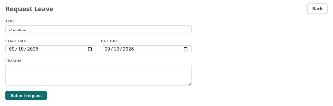 The request leave form with a leave type, start date, due date, a reason field and a Submit request button.