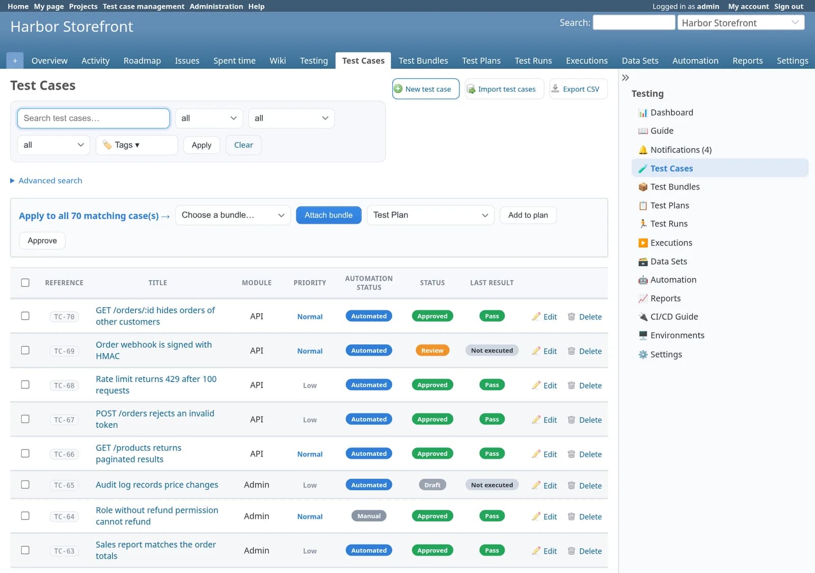 Test Case Management Redmine plugin: The test case list with search, filters and tag picker, a bulk bar to attach matching cases to a bundle or plan, and rows showing reference, title, module, priority, automation status, review status and last result.