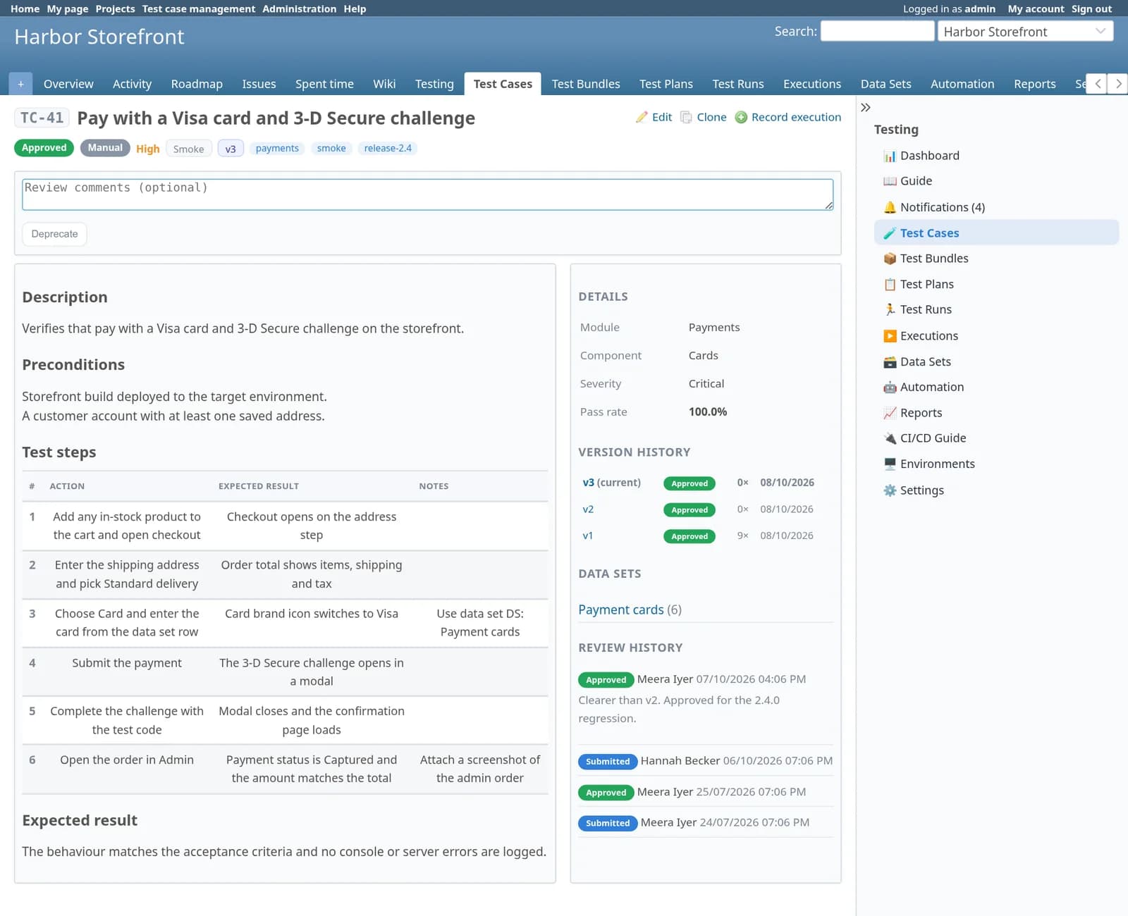 Test Case Management Redmine plugin: Test case TC-41, Pay with a Visa card and 3-D Secure challenge, showing description, preconditions, six numbered steps with expected results, three versions, a linked data set, the review history and the execution history.